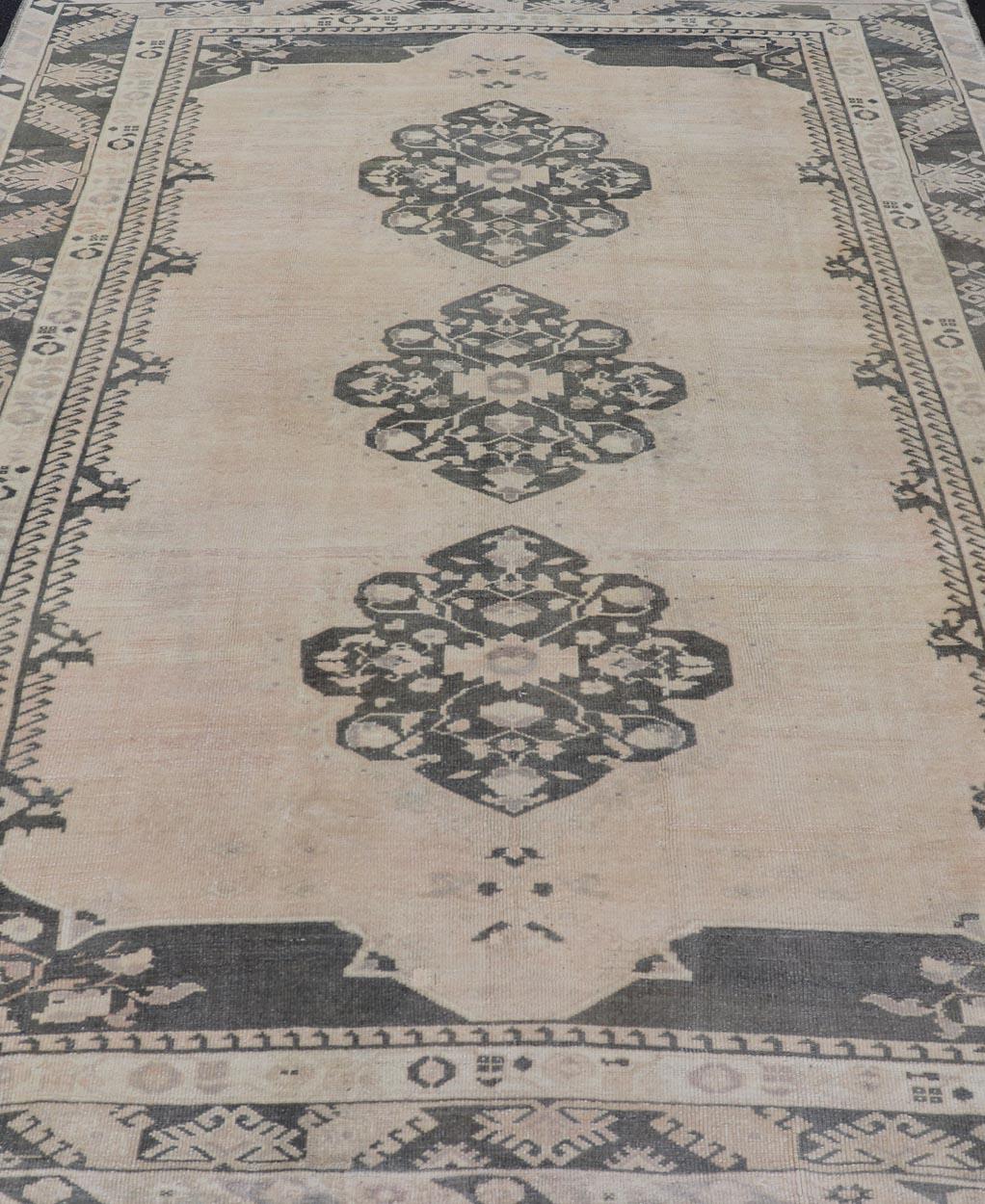 Measures: 7'5 x 9'9 
Vintage Turkish Oushak Rug in Pastel and Dark Green Floral Patterns 7'5 x 9'9. Keivan Woven Arts / Rug / EN-15327 Country of origin / type: Turkey / Oushak.

Vintage Turkish Oushak rug features a sophisticated design a blend of