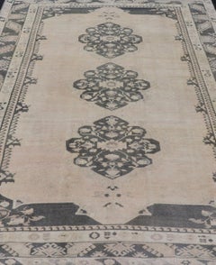 Vintage Turkish Oushak Rug in Pastel and Dark Green Floral Patterns 7'5 x 9'9