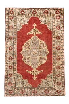 Vintage Turkish Oushak Rug in Red and Celadon