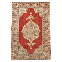 Tappeto Oushak turco d'epoca in rosso e celeste