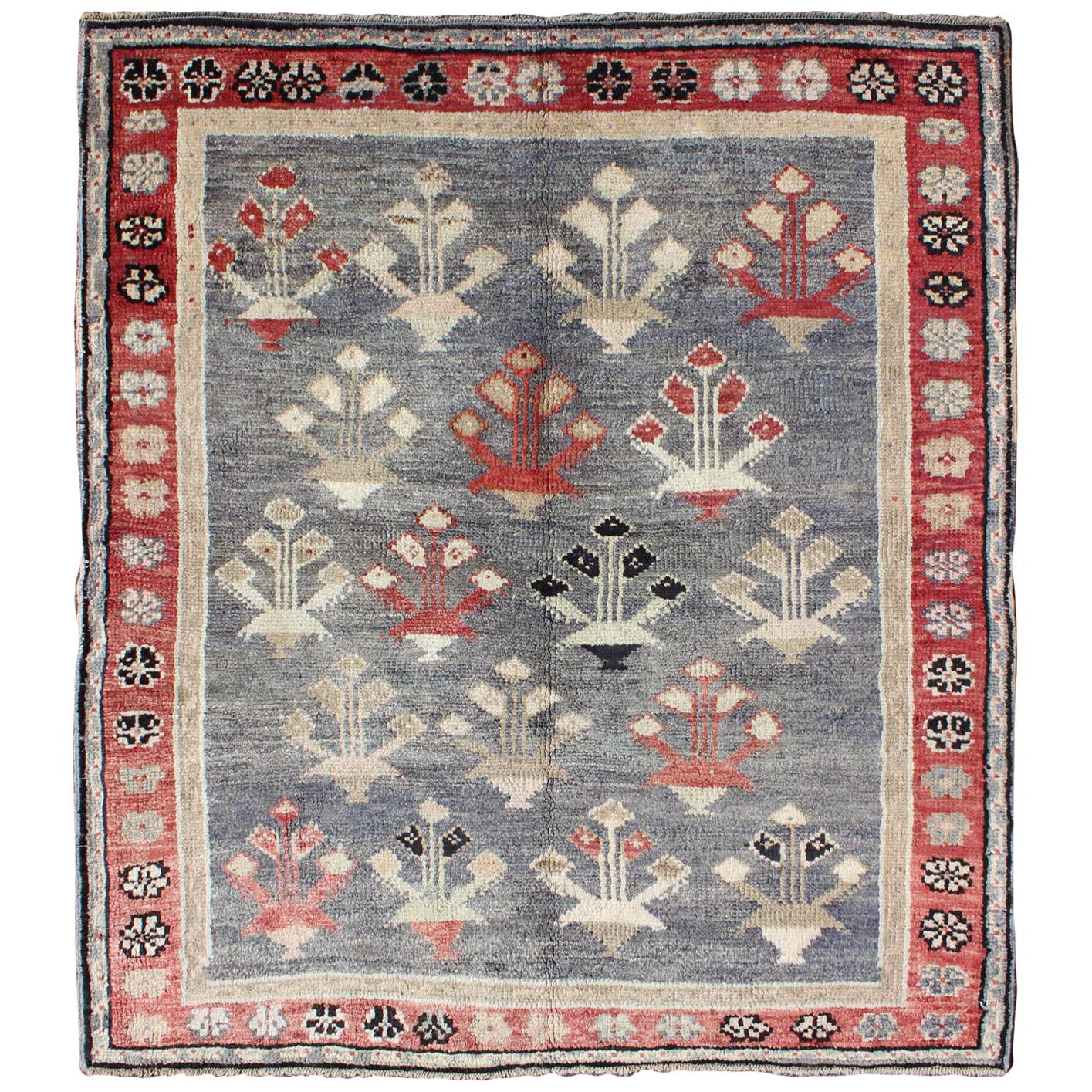 Vintage Turkish Oushak Rug in Red, Gray, Blue-Gray, Taupe and Ivory
