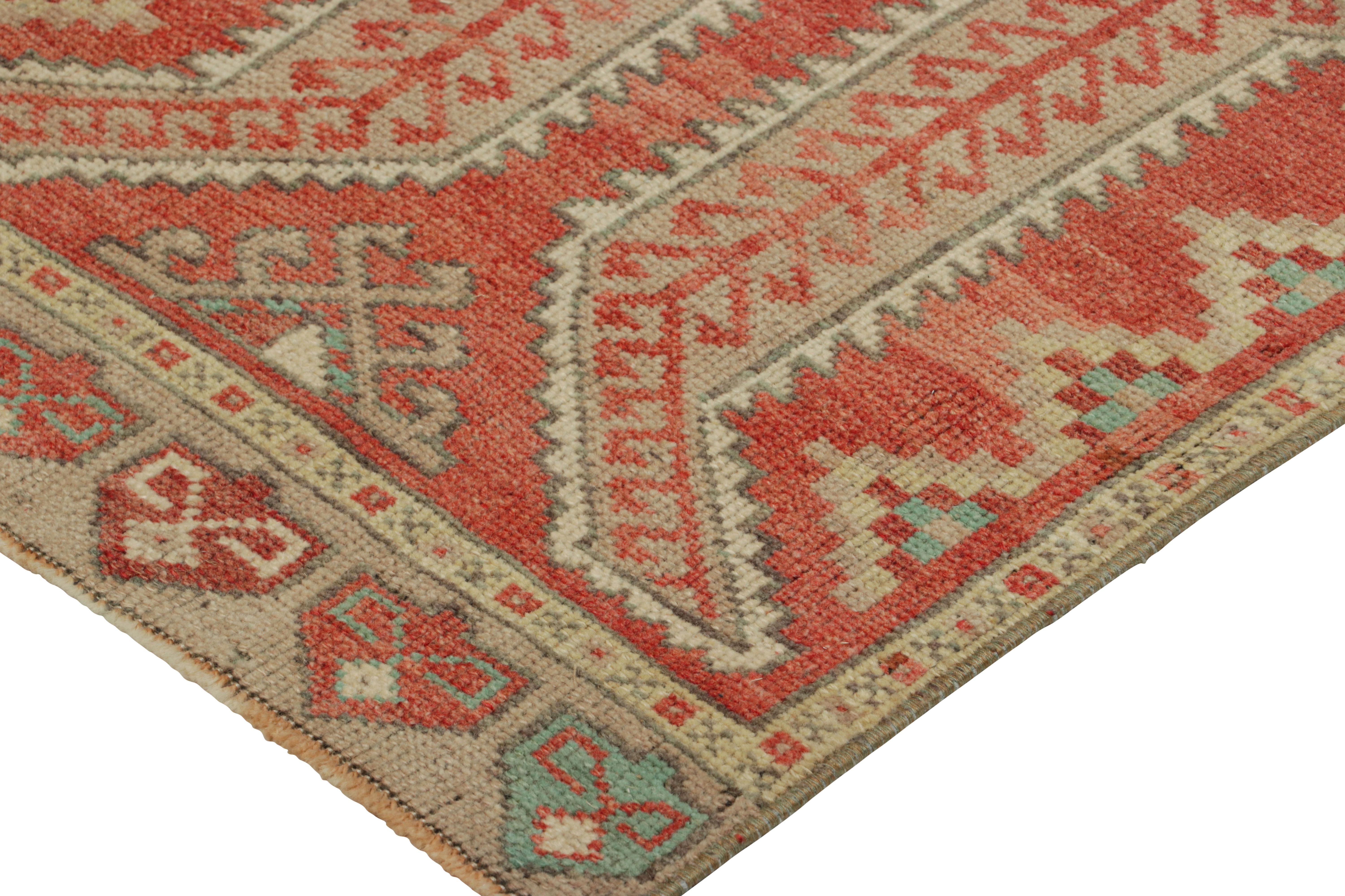 Hand-Knotted Vintage Turkish Oushak Rug in Red with Geometric Medallion  Rug & Kilim For Sale