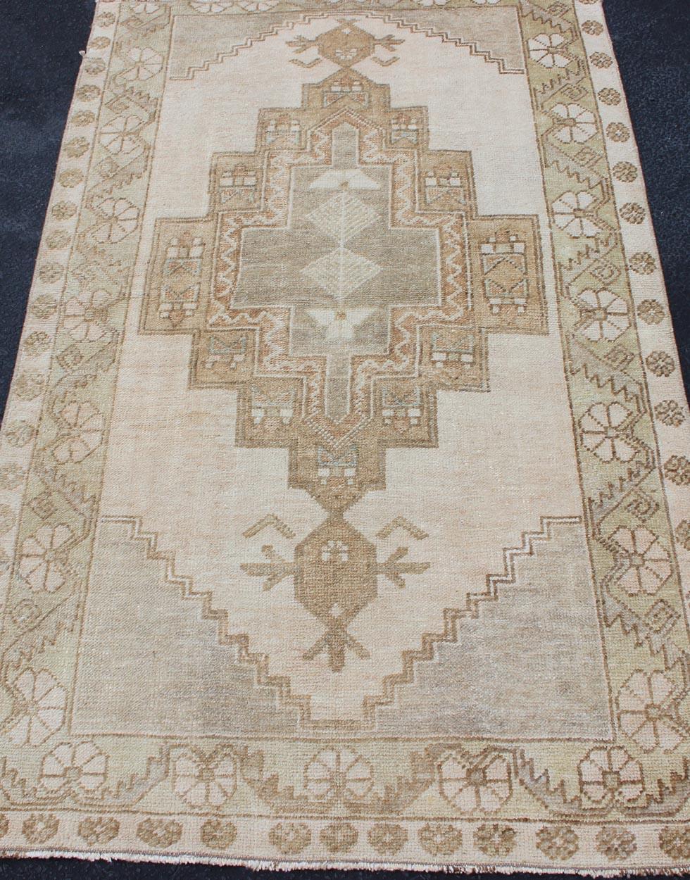 Hand-Knotted Vintage Turkish Oushak Rug in Sage Green, Taupe, Light Brown, and Light Green For Sale