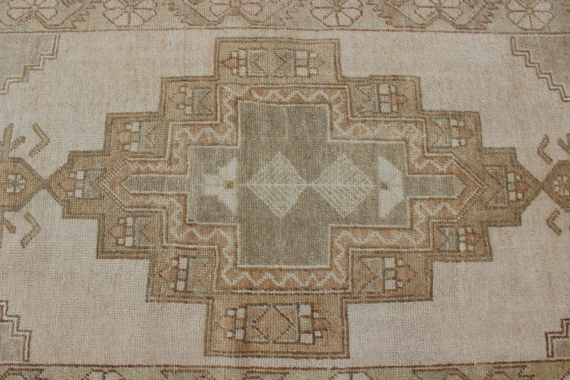 20th Century Vintage Turkish Oushak Rug in Sage Green, Taupe, Light Brown, and Light Green For Sale