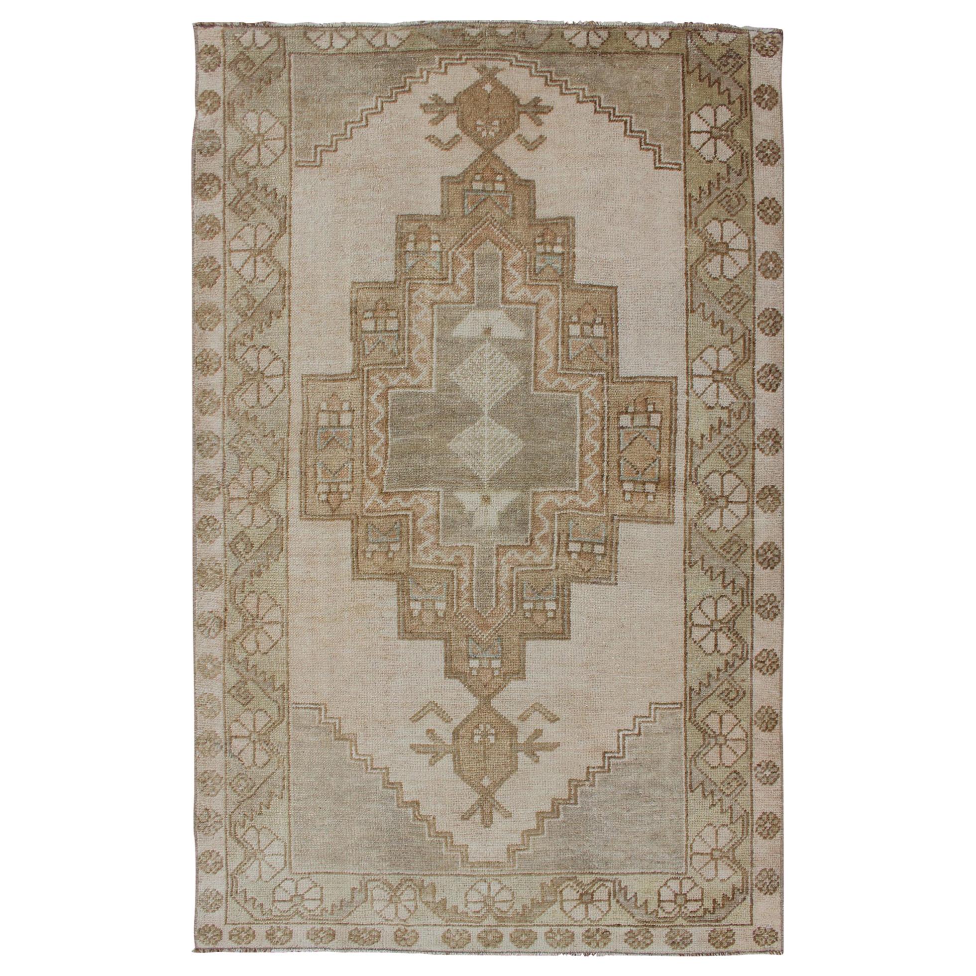 Vintage Turkish Oushak Rug in Sage Green, Taupe, Light Brown, and Light Green For Sale