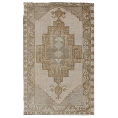 Retro Turkish Oushak Rug in Sage Green, Taupe, Light Brown, and Light Green