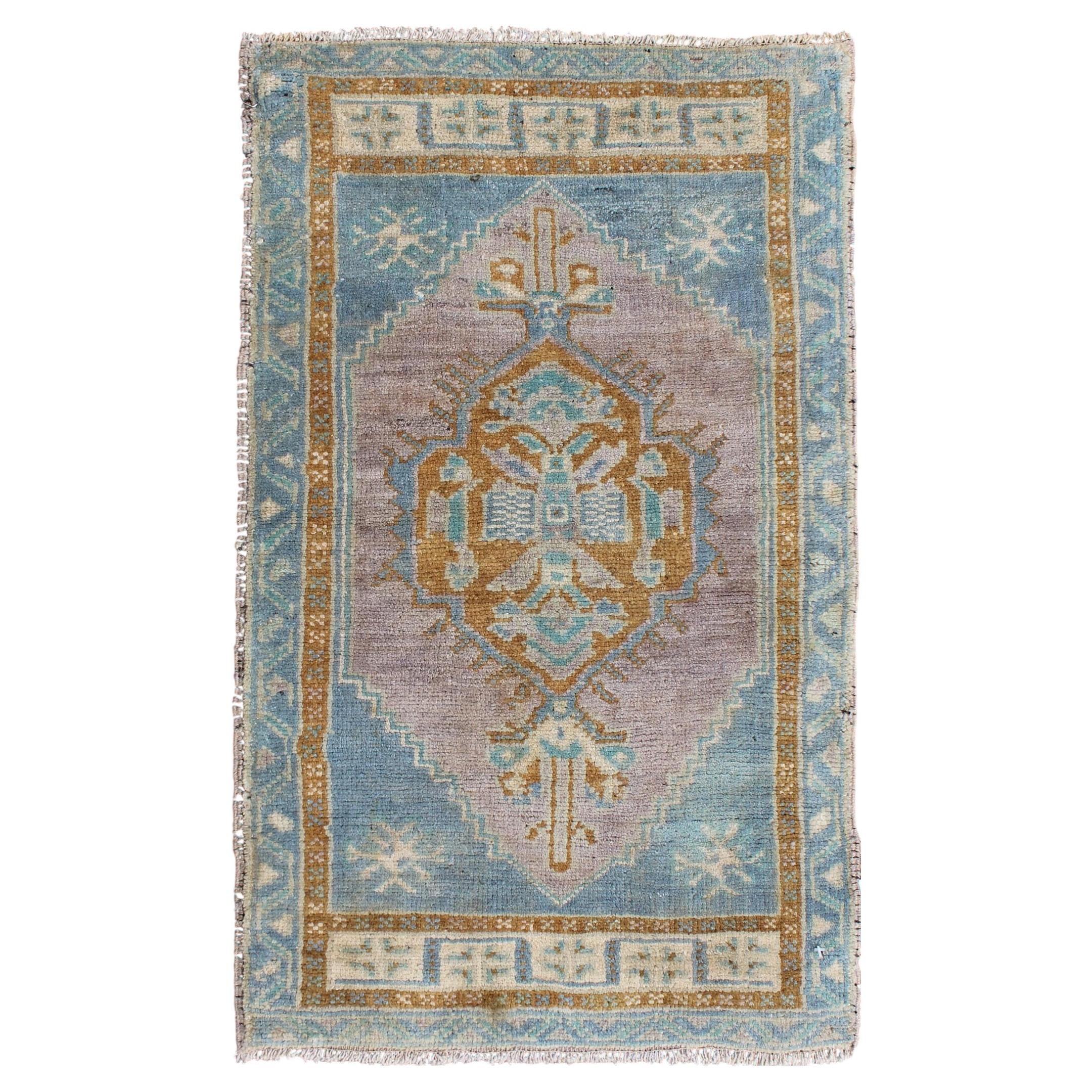 Vintage Turkish Oushak Rug in Sky Blue, Lavender and Cognac Brown