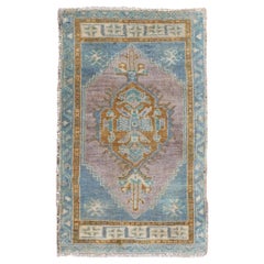 Tappeto Oushak turco vintage in blu cielo, lavanda e marrone cognac