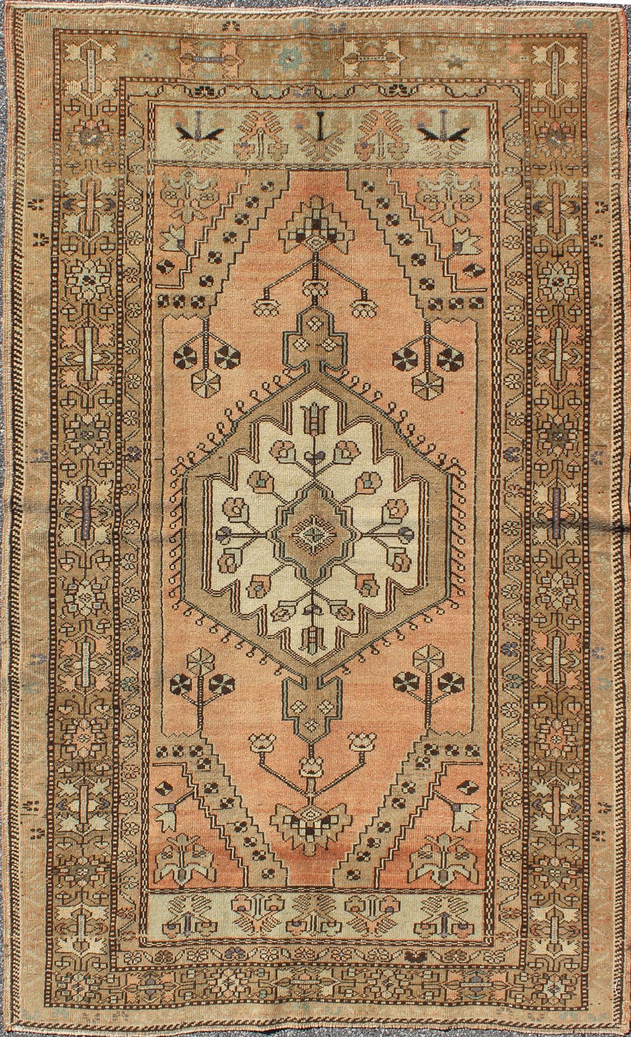 Vintage Turkish Oushak Rug in Soft Apricot, Ivory, and Brown with Medallions For Sale 1