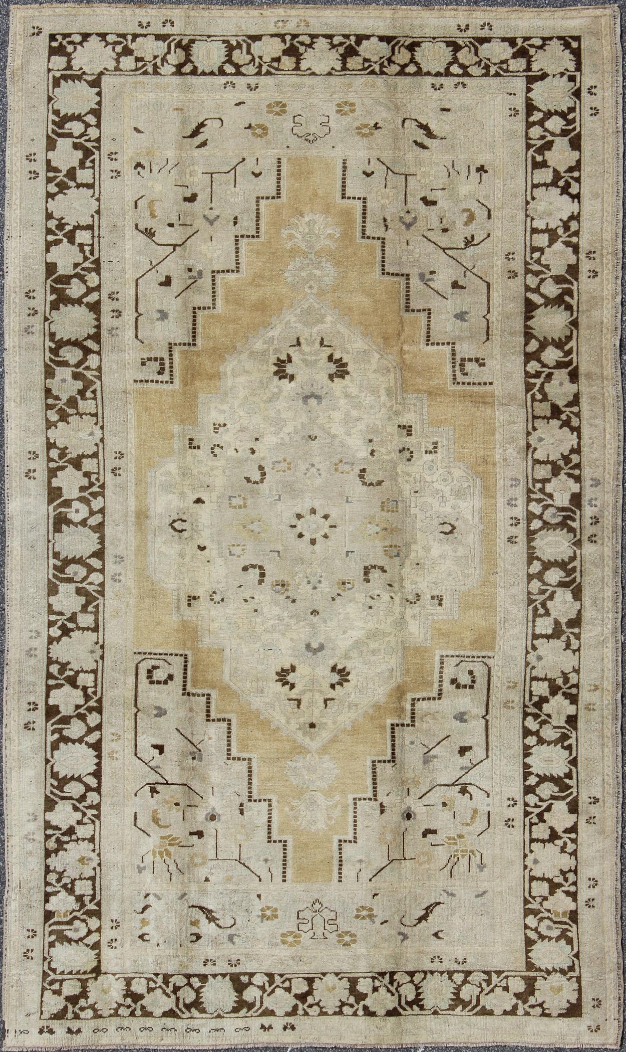 Vintage Turkish Oushak Rug in Soft Beige and Taupe with Brown Border For Sale 2