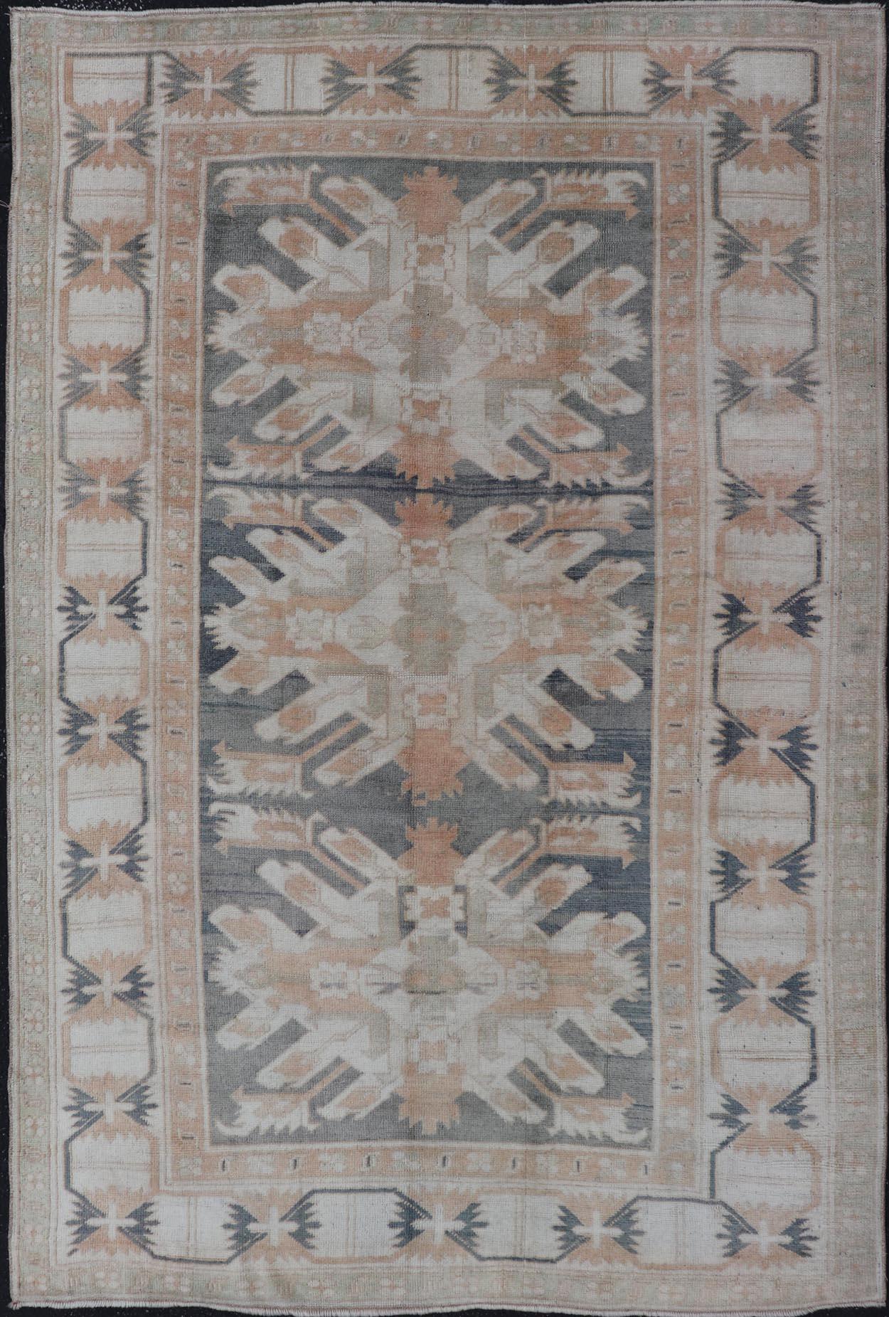 Vintage Turkish Oushak Rug in Soft Gray and Peach 4'8 x 7'5