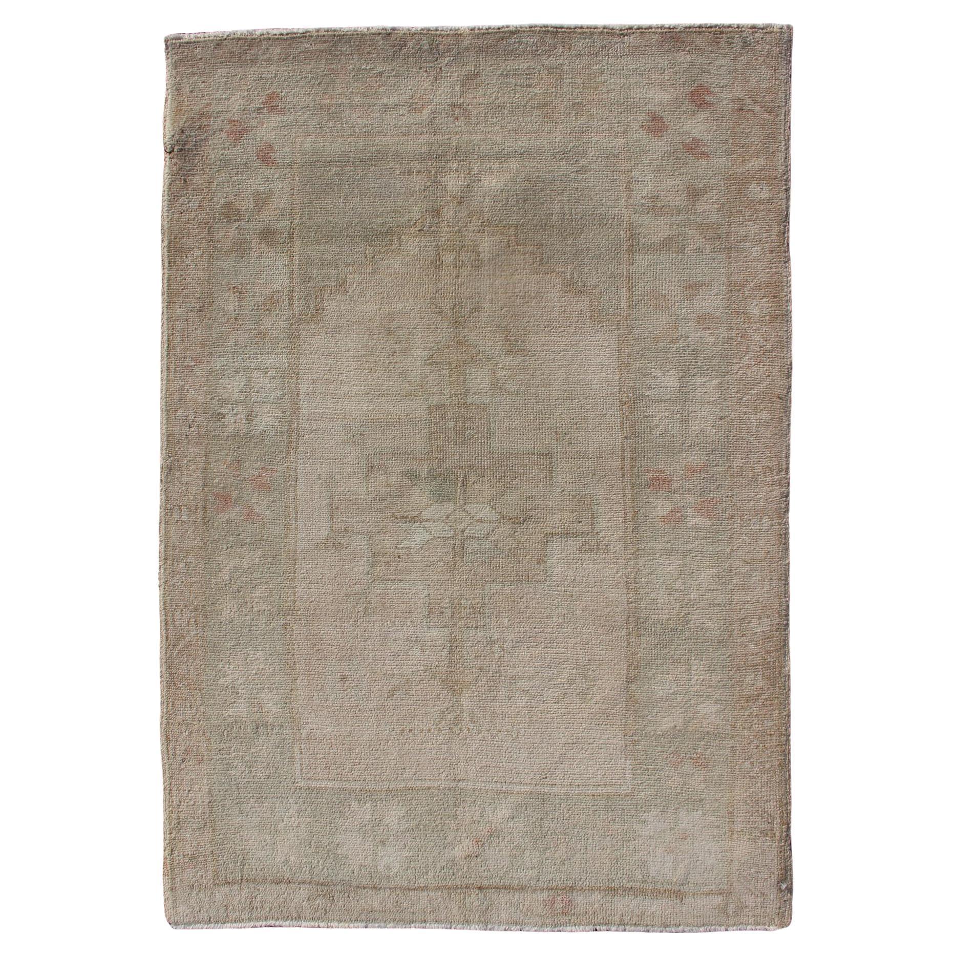 Vintage Turkish Oushak Rug in Soft Sage and Sand Tones 3'1 x 4'5