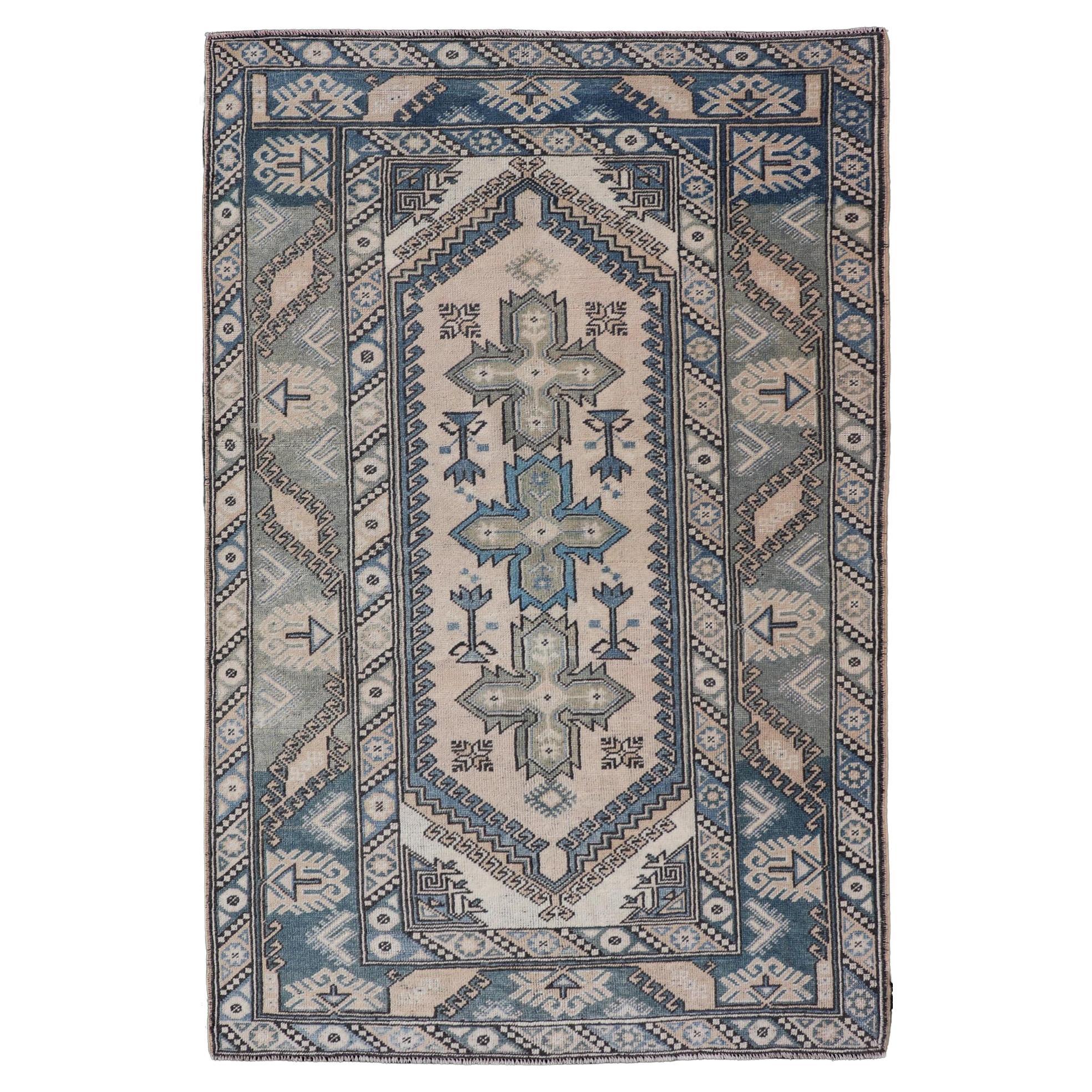 Vintage Turkish Oushak Rug In Soothing Blue and Cream Geometric Motifs 4'1 x 6'6