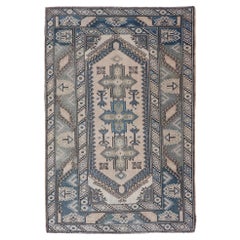 Vintage Turkish Oushak Rug In Soothing Blue and Cream Geometric Motifs 4'1 x 6'6