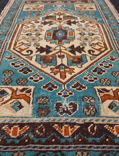 Vintage Turkish Oushak Rug in Teal Color with Geometric Medallion Design