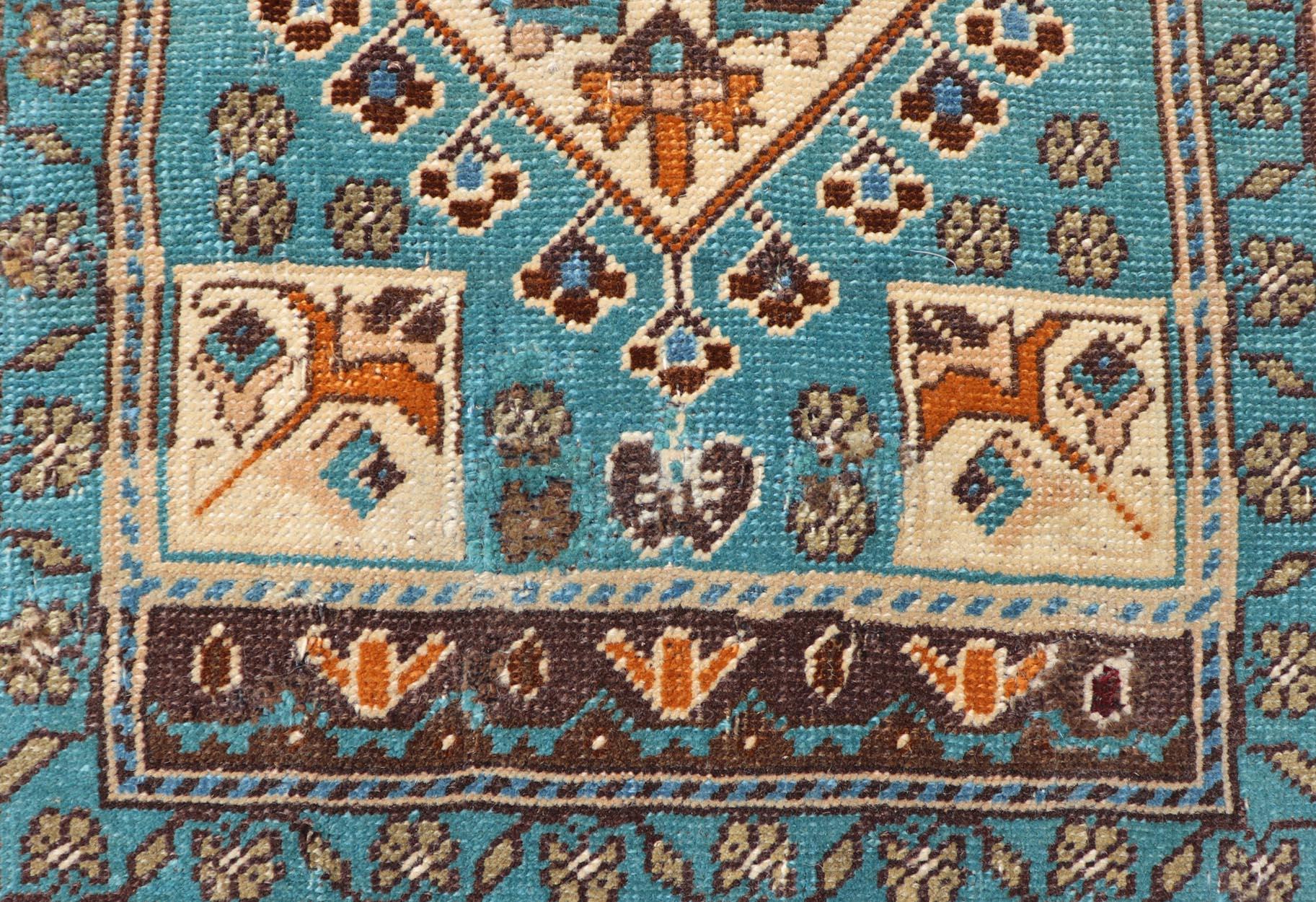 Hand-Knotted Vintage Turkish Oushak Rug in Teal Color with Geometric Medallion Design  For Sale