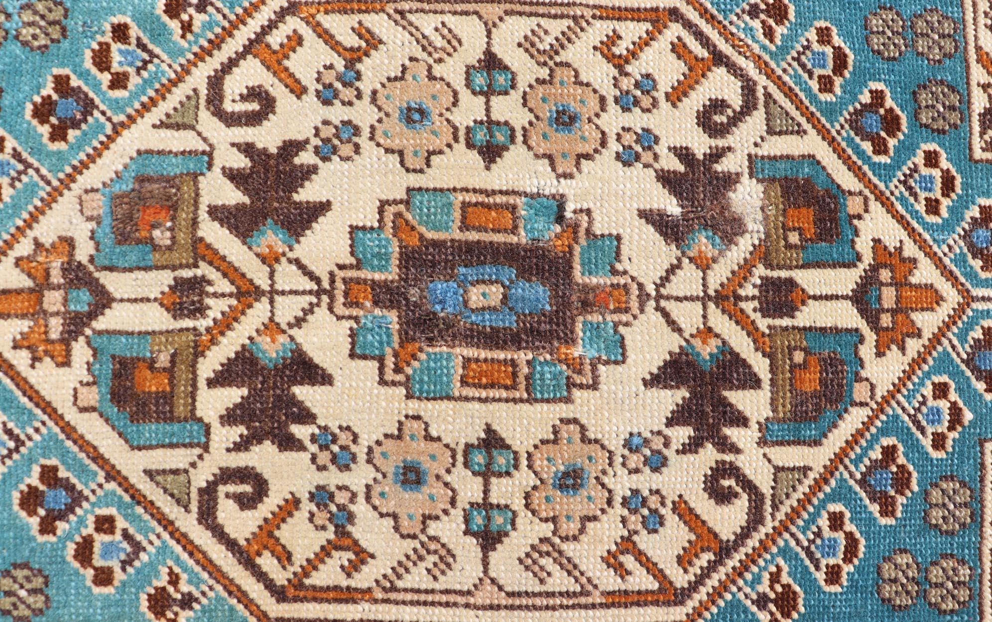 Vintage Turkish Oushak Rug in Teal Color with Geometric Medallion Design  In Good Condition For Sale In Atlanta, GA