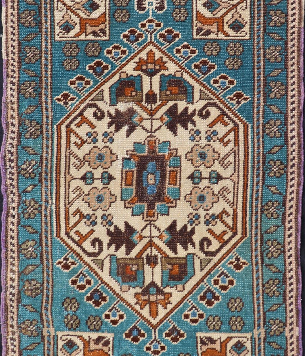 20th Century Vintage Turkish Oushak Rug in Teal Color with Geometric Medallion Design  For Sale
