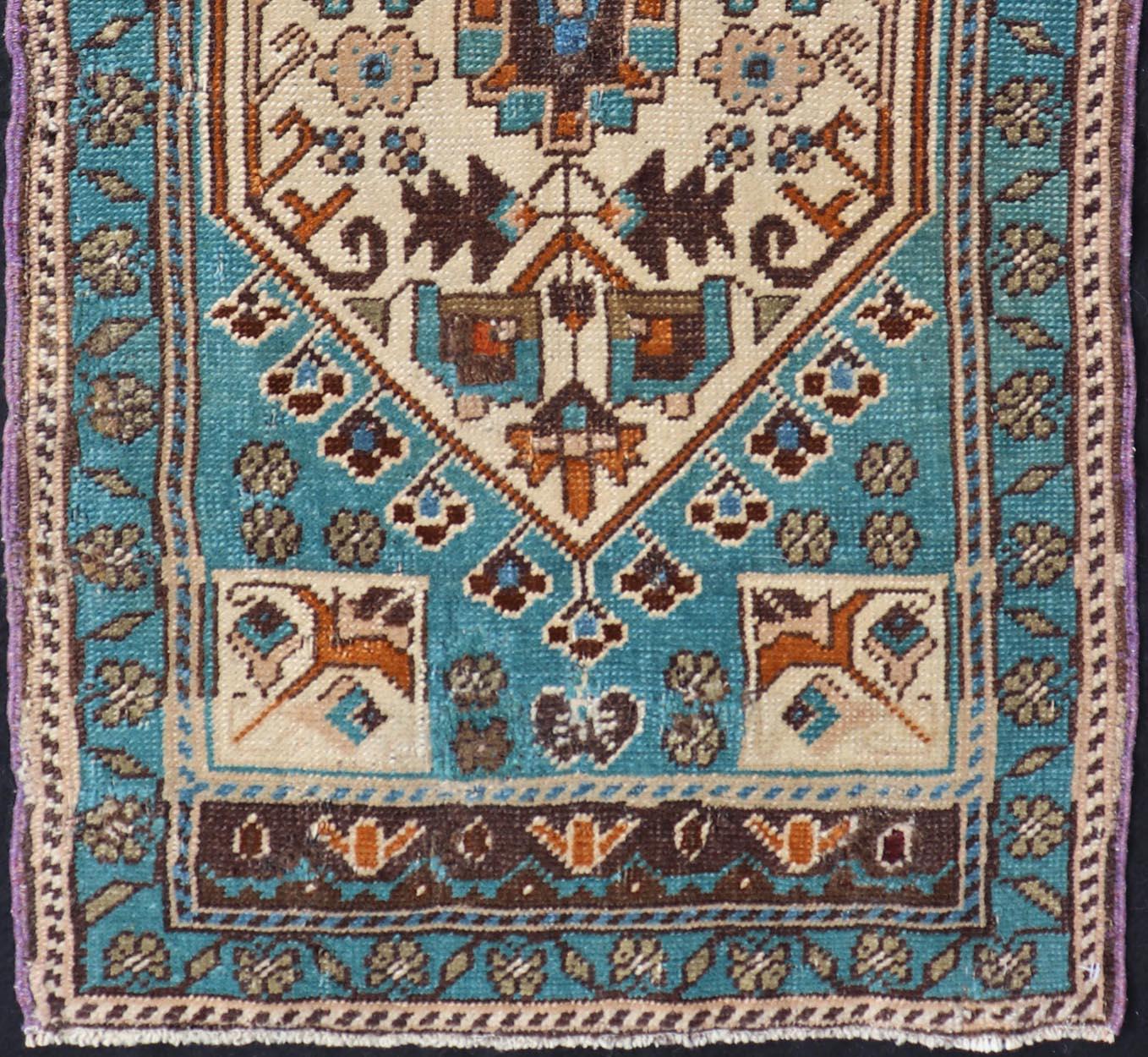 Wool Vintage Turkish Oushak Rug in Teal Color with Geometric Medallion Design  For Sale