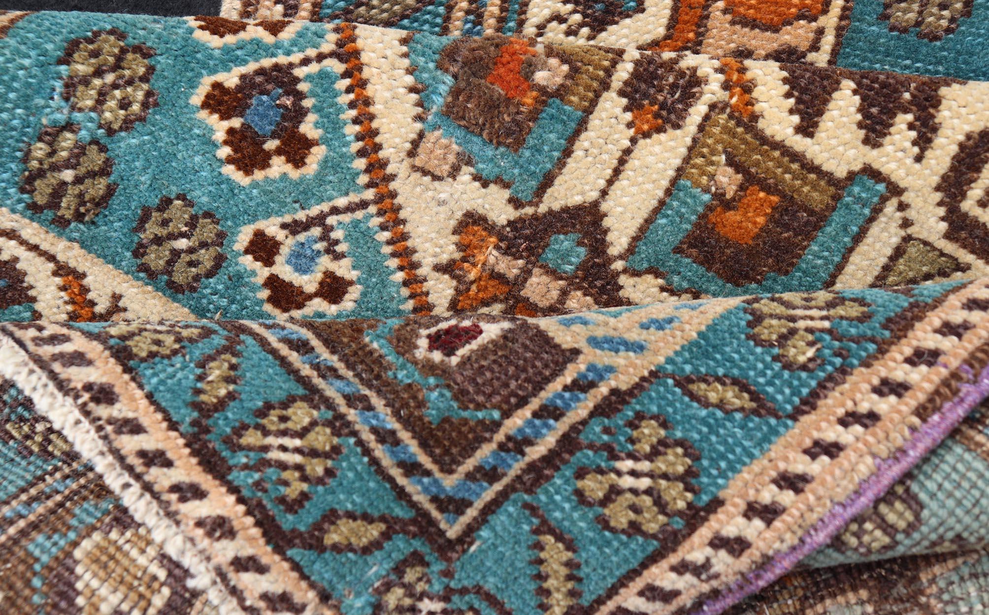 Vintage Turkish Oushak Rug in Teal Color with Geometric Medallion Design  For Sale 1
