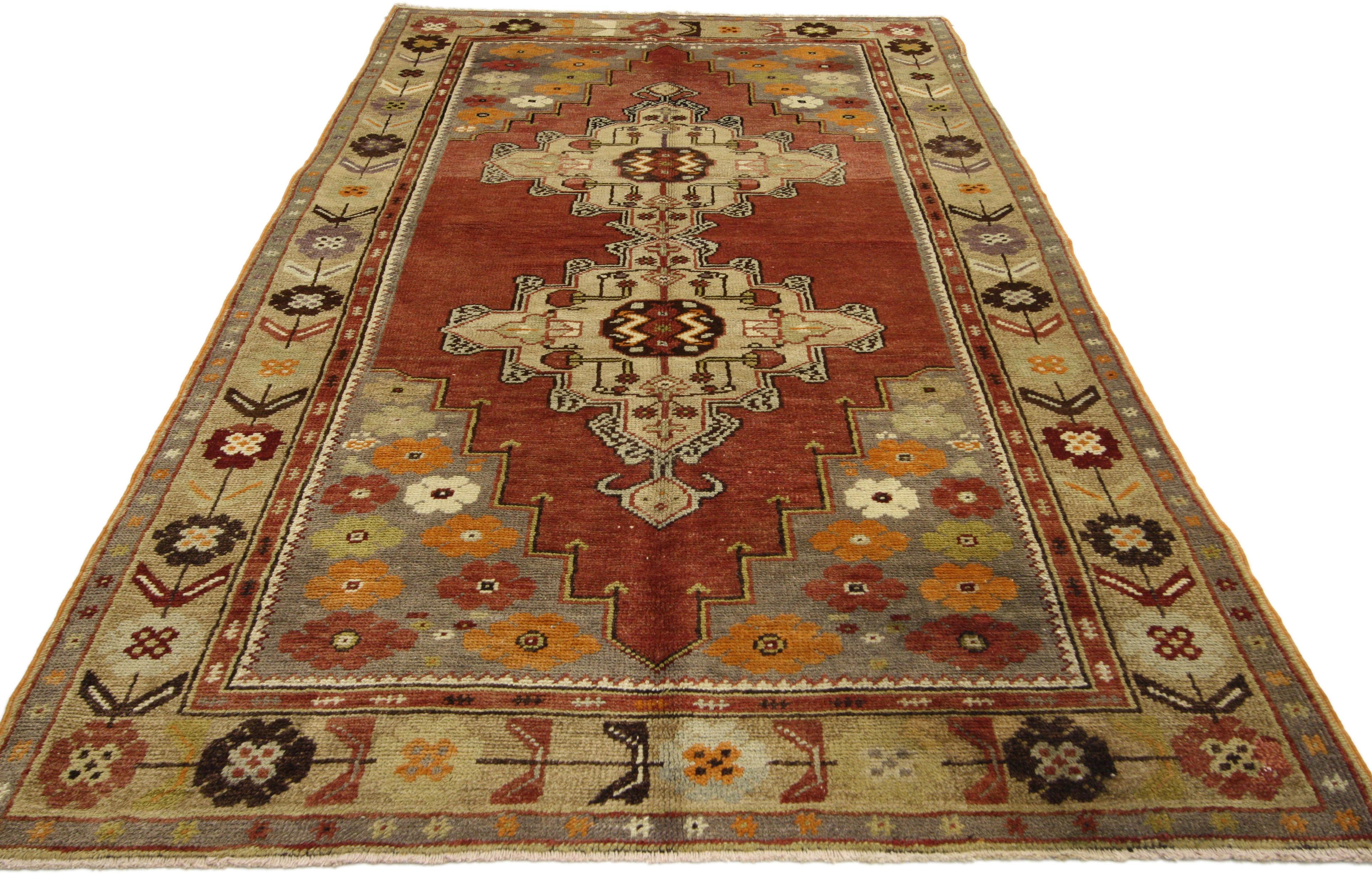 Hand-Knotted Vintage Turkish Oushak Rug in Traditional Double Medallion Style