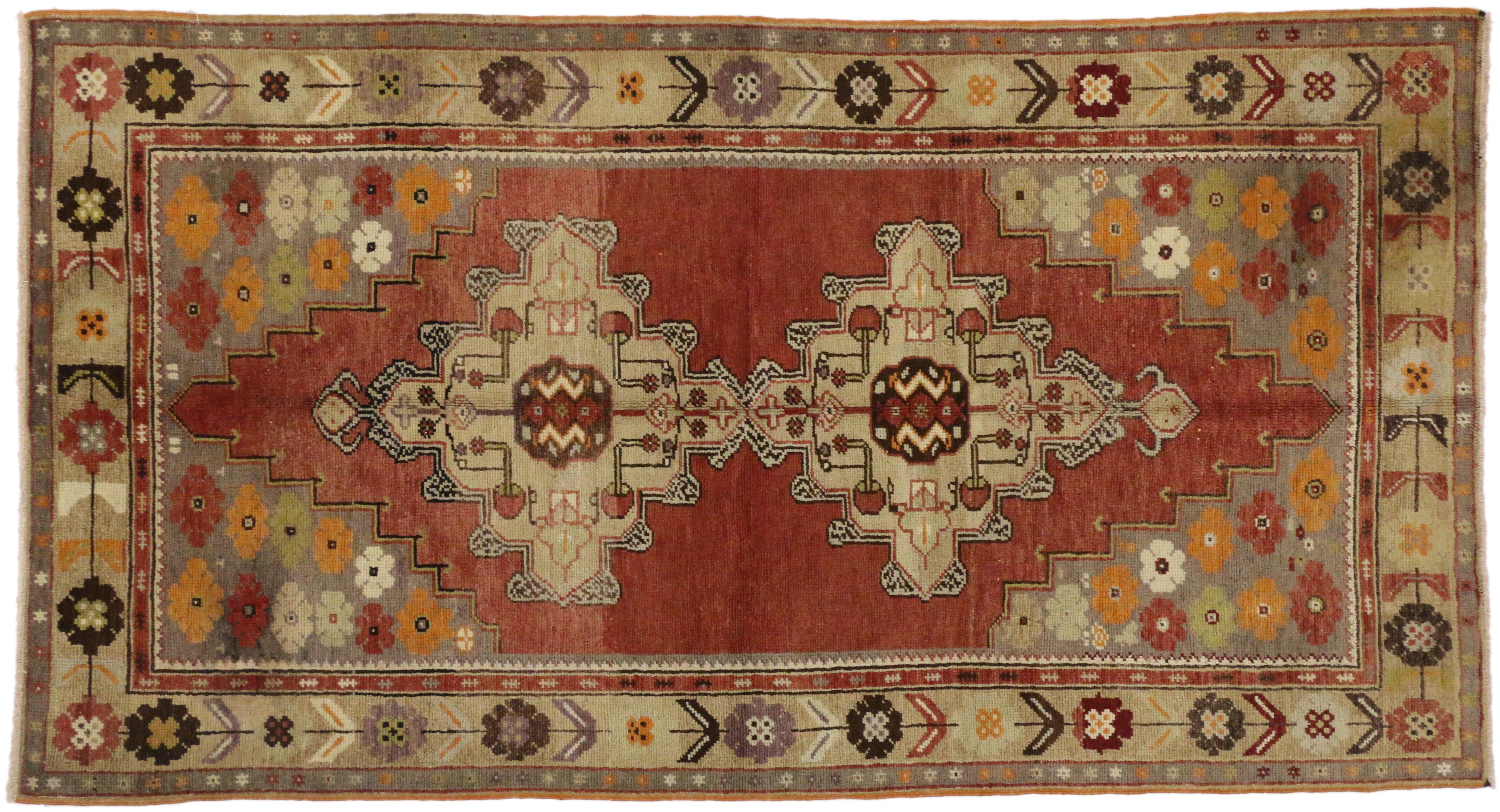 20th Century Vintage Turkish Oushak Rug in Traditional Double Medallion Style