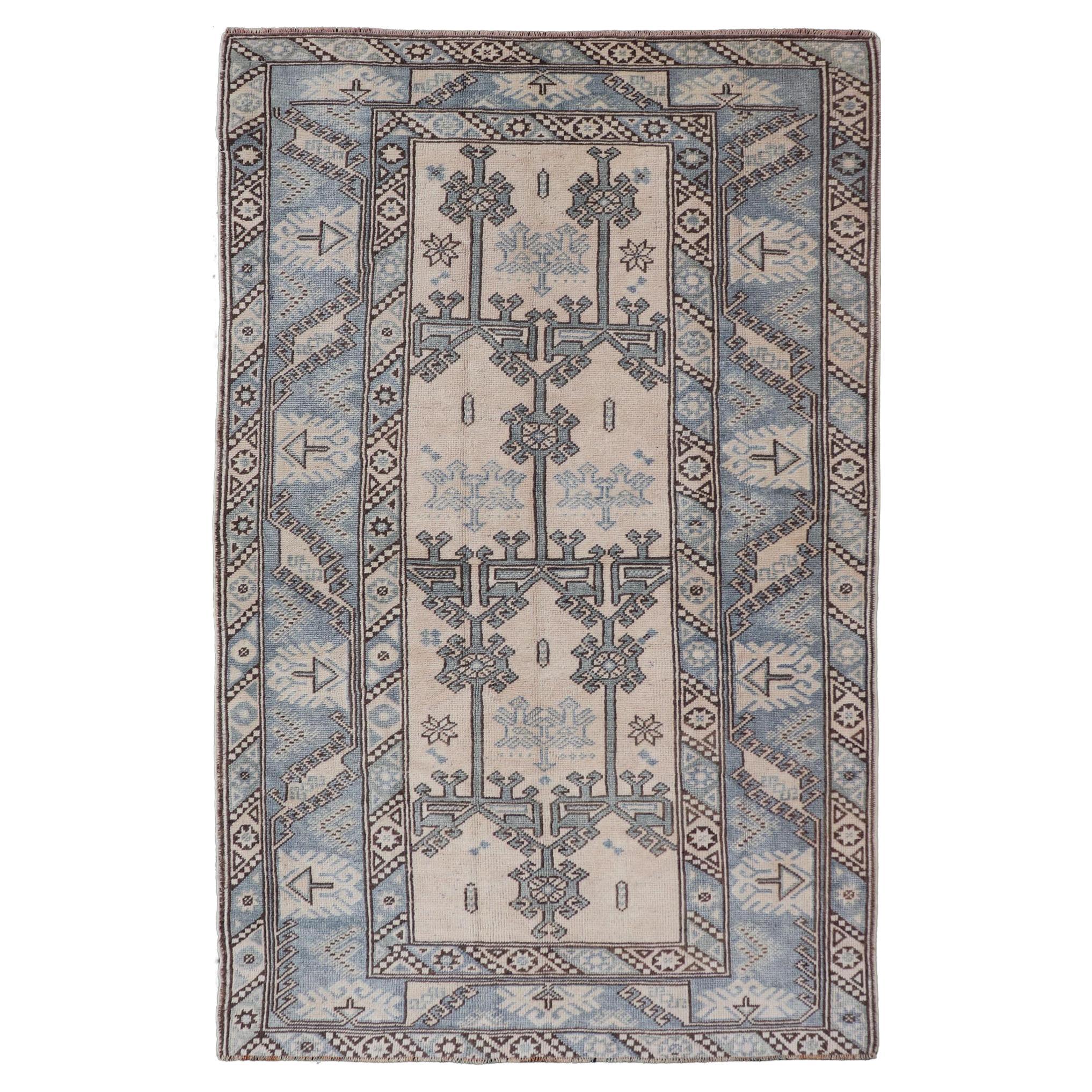 Vintage Turkish Oushak Rug In Warm Earth Tones and Geometric Patterns 4'1 x 6'9