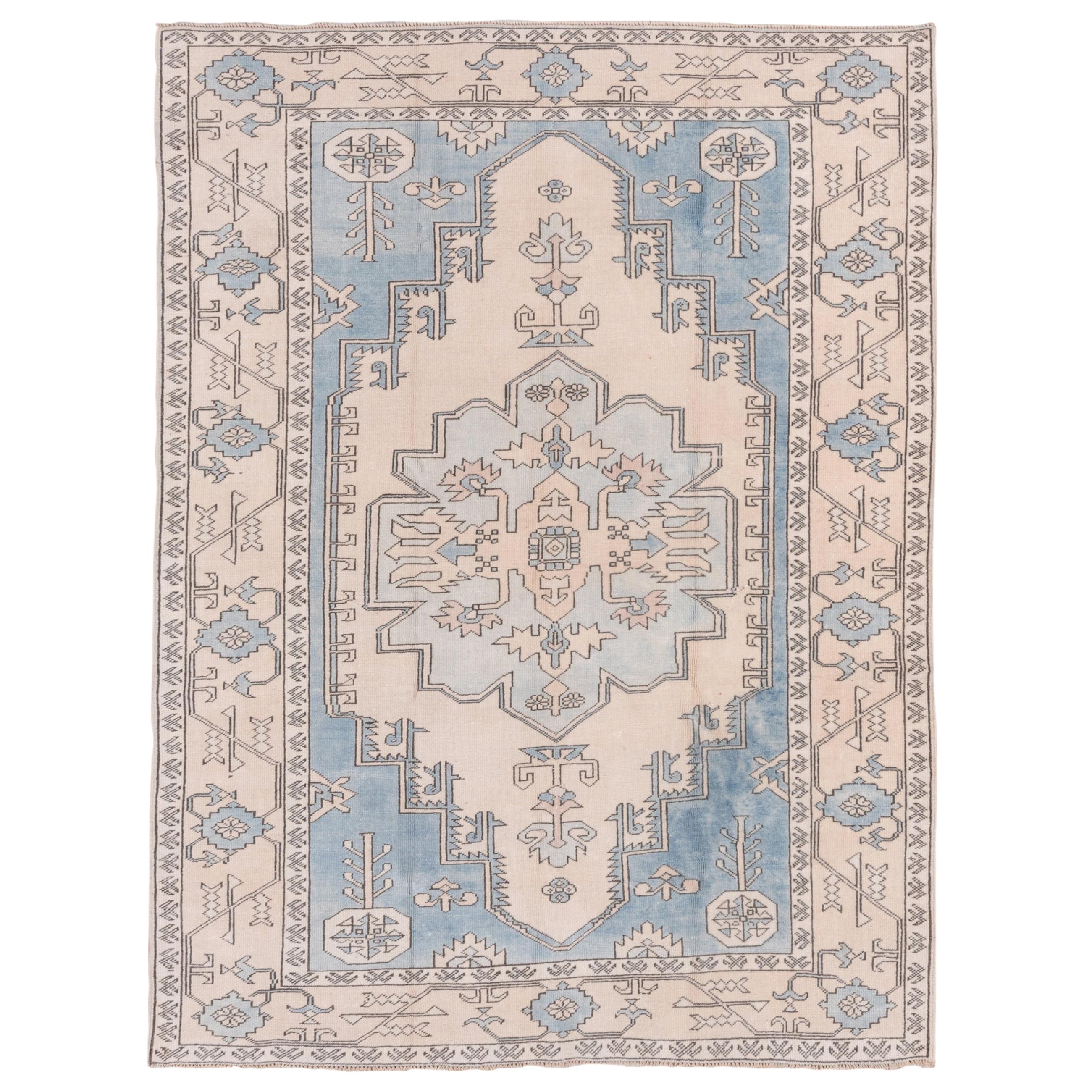 Vintage Turkish Oushak Rug, Light Blue, White and Ivory Tones