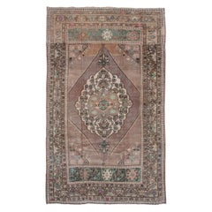 Vintage Turkish Oushak Rug, Light Brown and Mauve Field, Green Accents, Unusual