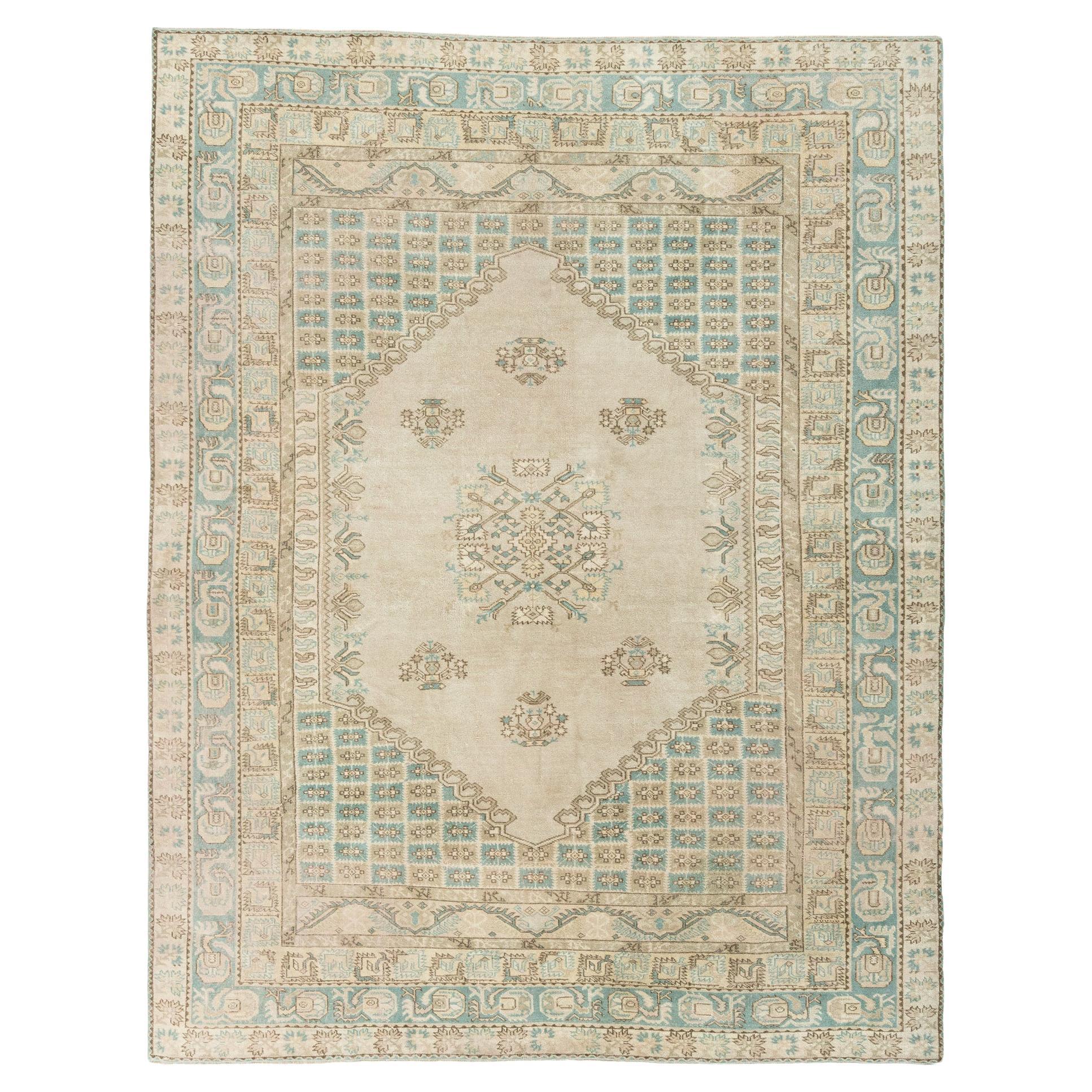 Tapis en laine turque Oushak Vintage Circa 1940 Légèrement Déformé 6'4 x 8'.