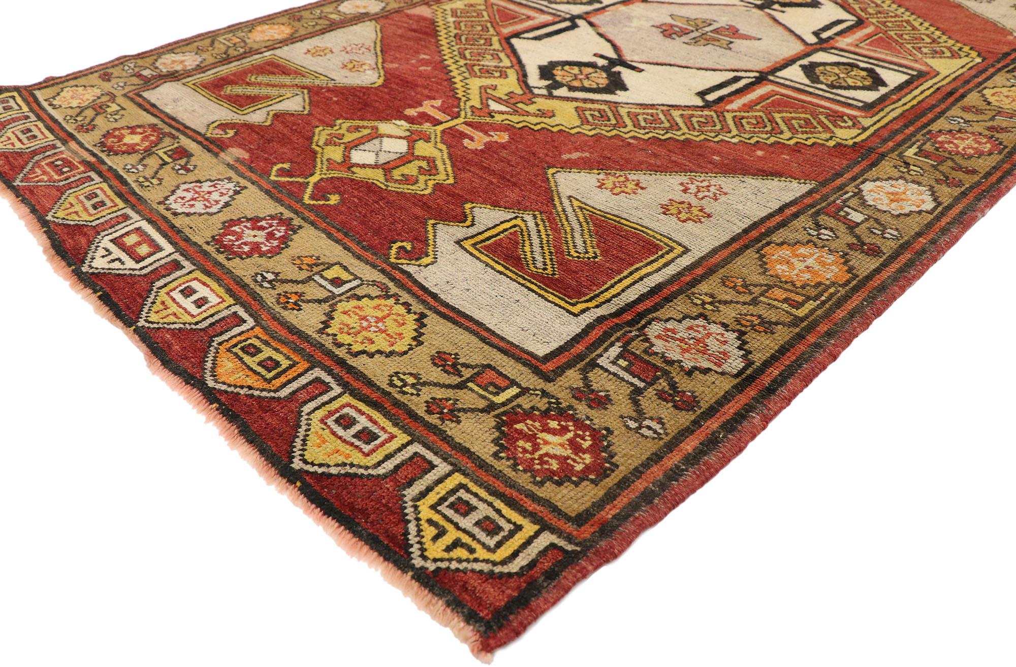 73938 Vintage Turkish Oushak Runner, 04'00 X 11'08. Nomadic charm collides with rugged beauty in this hand knotted wool vintage Turkish Oushak rug. The eye-catching tribal design and lively colorway woven into this piece work together creating a