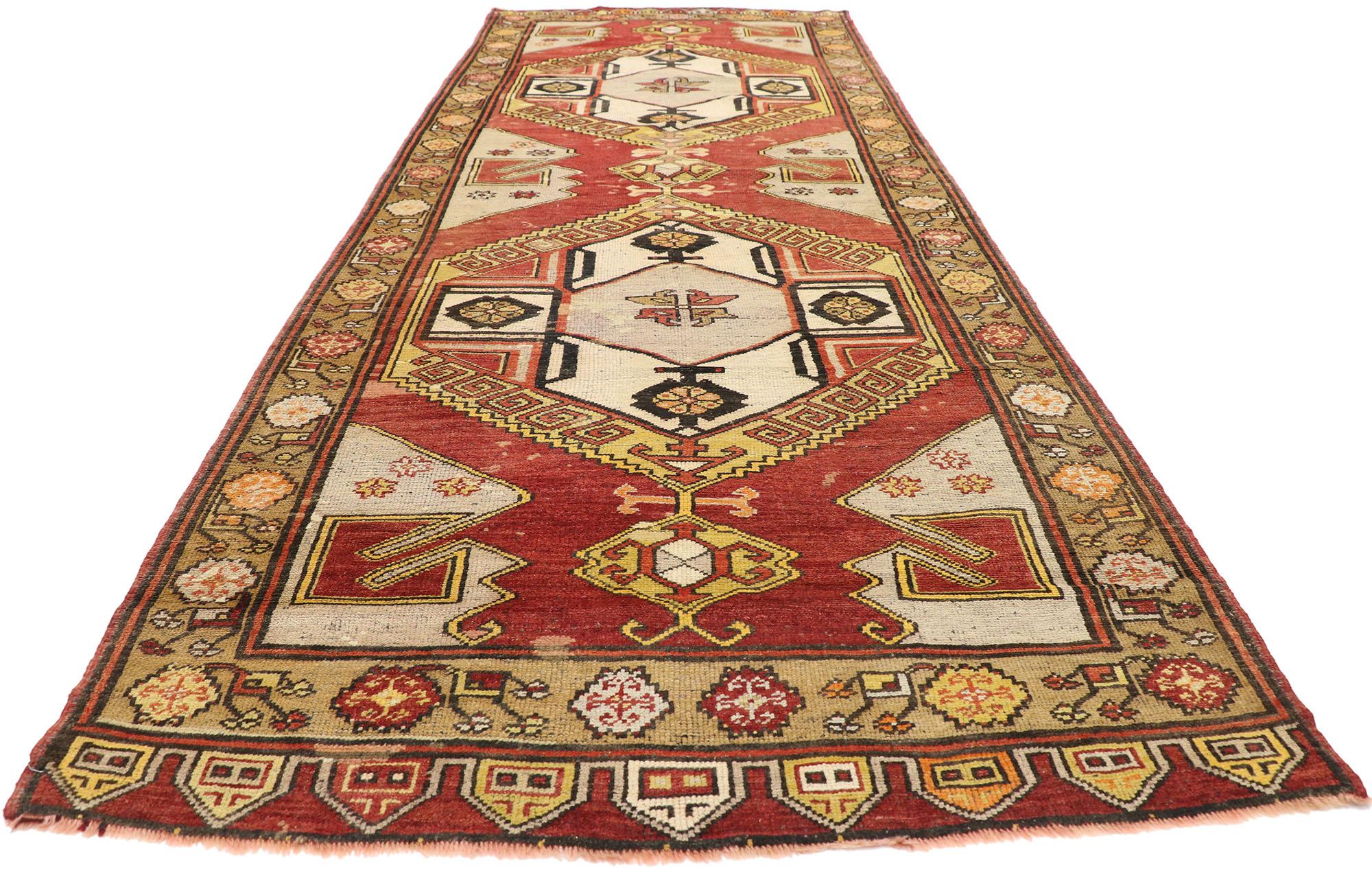 Hand-Knotted Vintage Turkish Oushak Rug, Nomadic Charm Meets Rugged Beauty For Sale