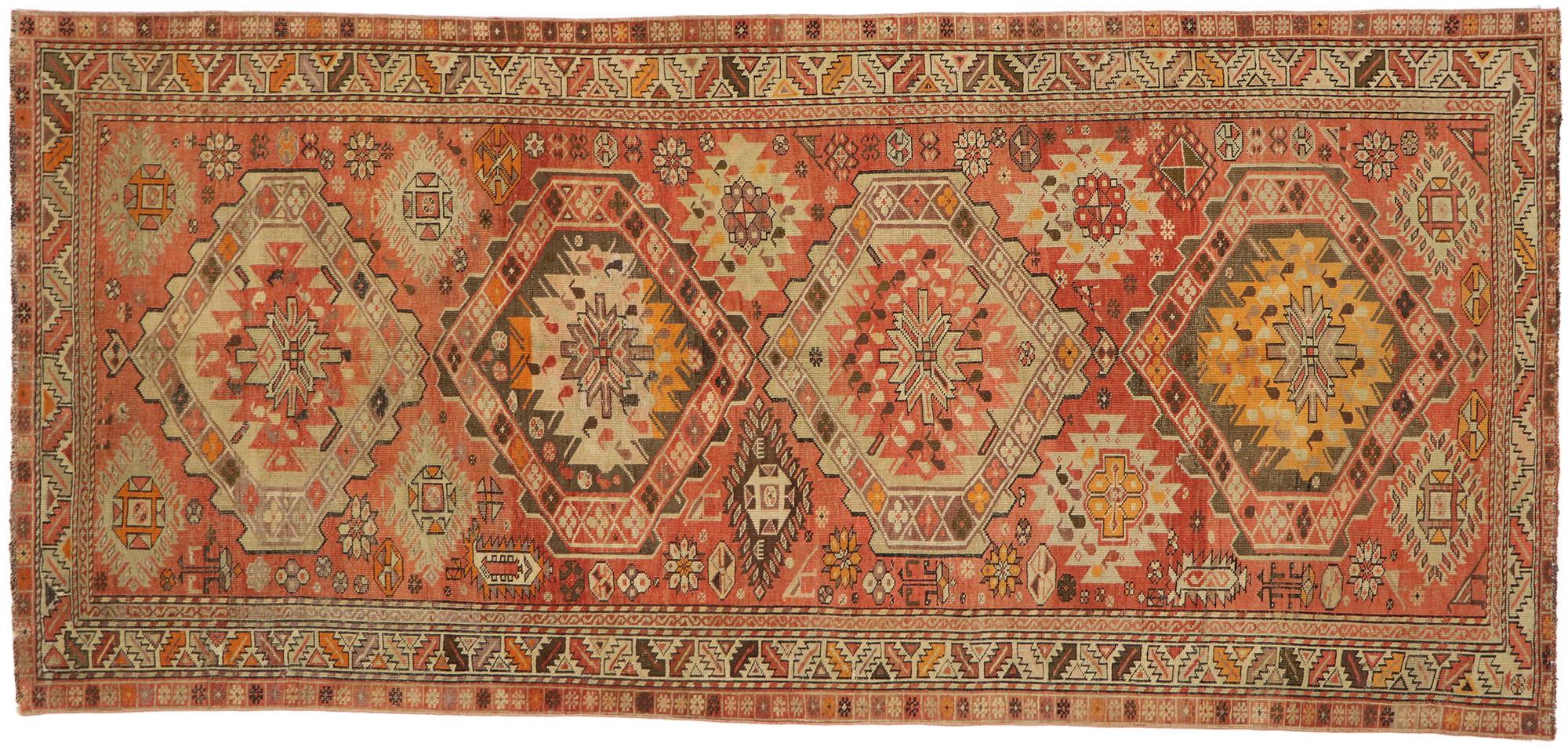 Vintage Turkish Oushak Rug, Nomadic Enchantment Meets Tribal Flair For Sale 3