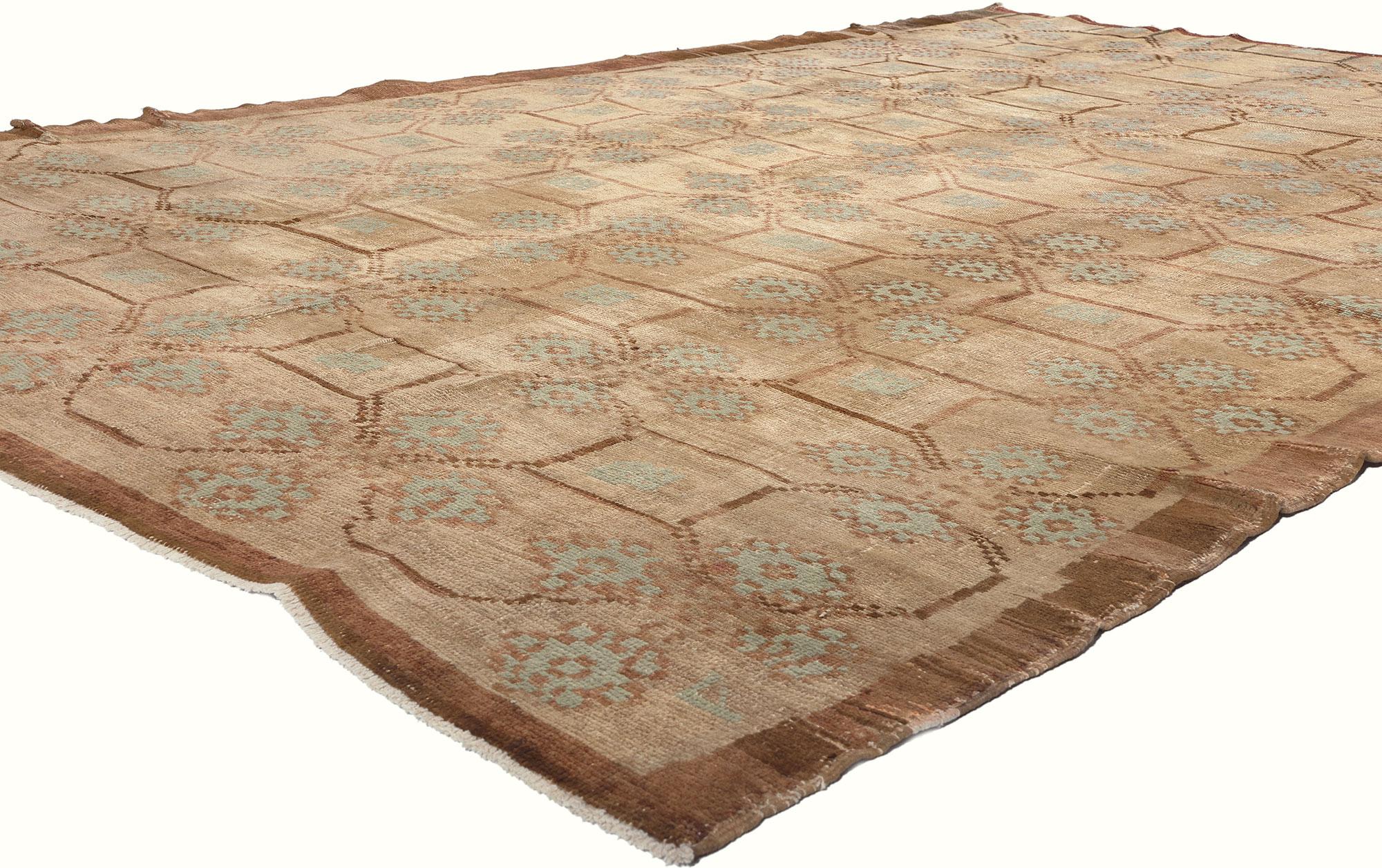 50563 Vintage Turkish Oushak Rug, 06'09 X 09'08. Enter the realm of Organic Modern style with this hand-knotted wool antique-washed vintage Turkish Oushak rug, where Biophilic Design principles infuse nature-inspired charm into every thread. A