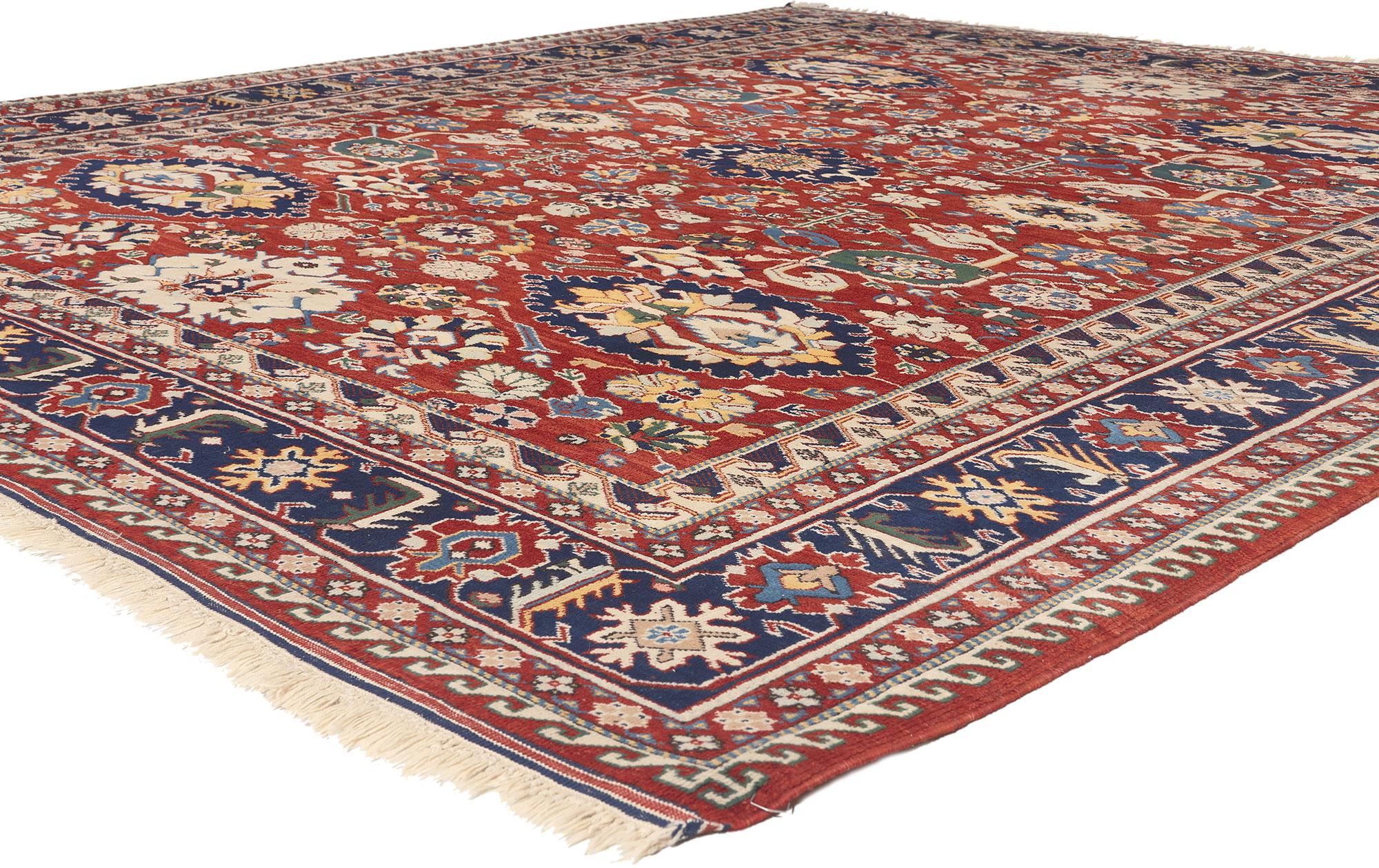 78646 Vintage Turkish Oushak Rug, 08'03 x 09'07.
Patriotic flair meets nomadic charm in this hand knotted wool vintage Turkish Oushak rug. The striking geometric design and sophisticated colors woven into this piece work together creating a relaxed