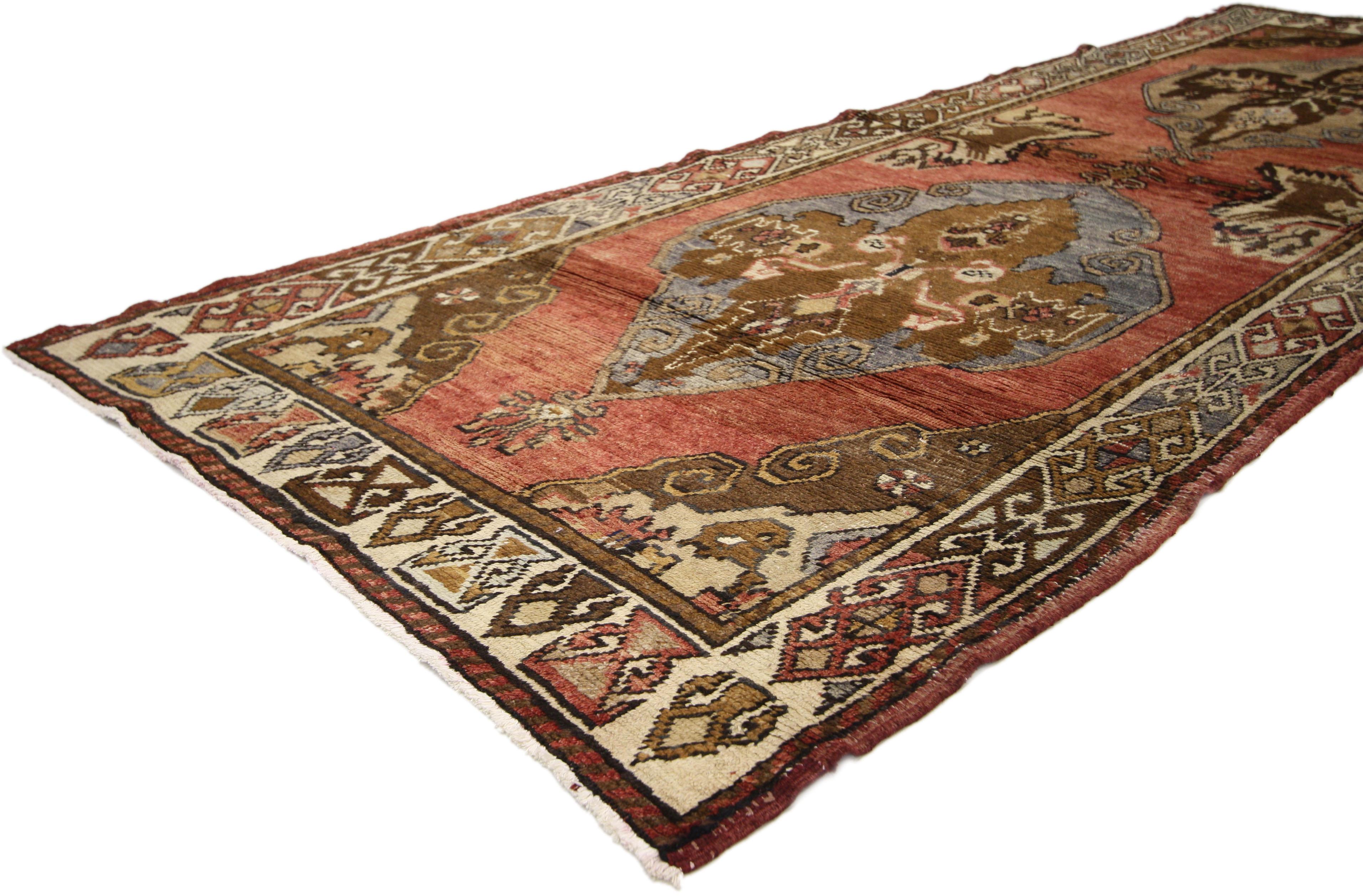 Hand-Knotted Vintage Turkish Oushak Rug Runner with Rustic Modern Style For Sale