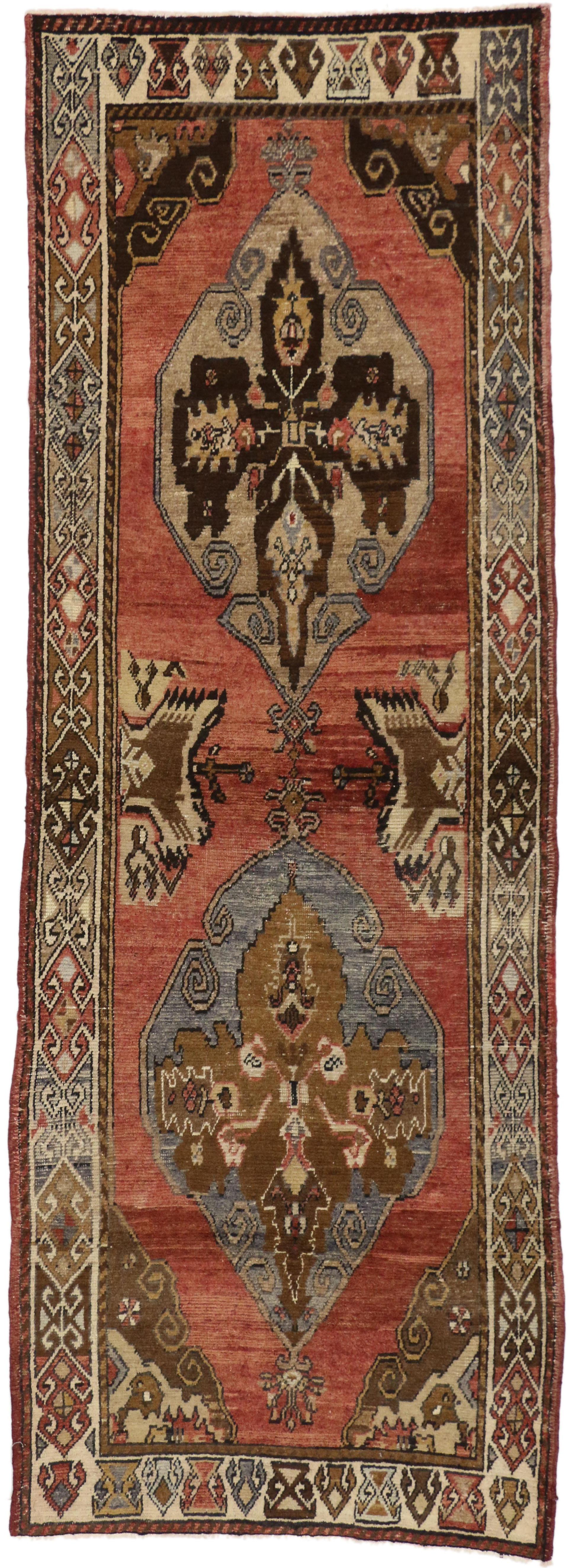 Vintage Turkish Oushak Rug Runner with Rustic Modern Style For Sale 1