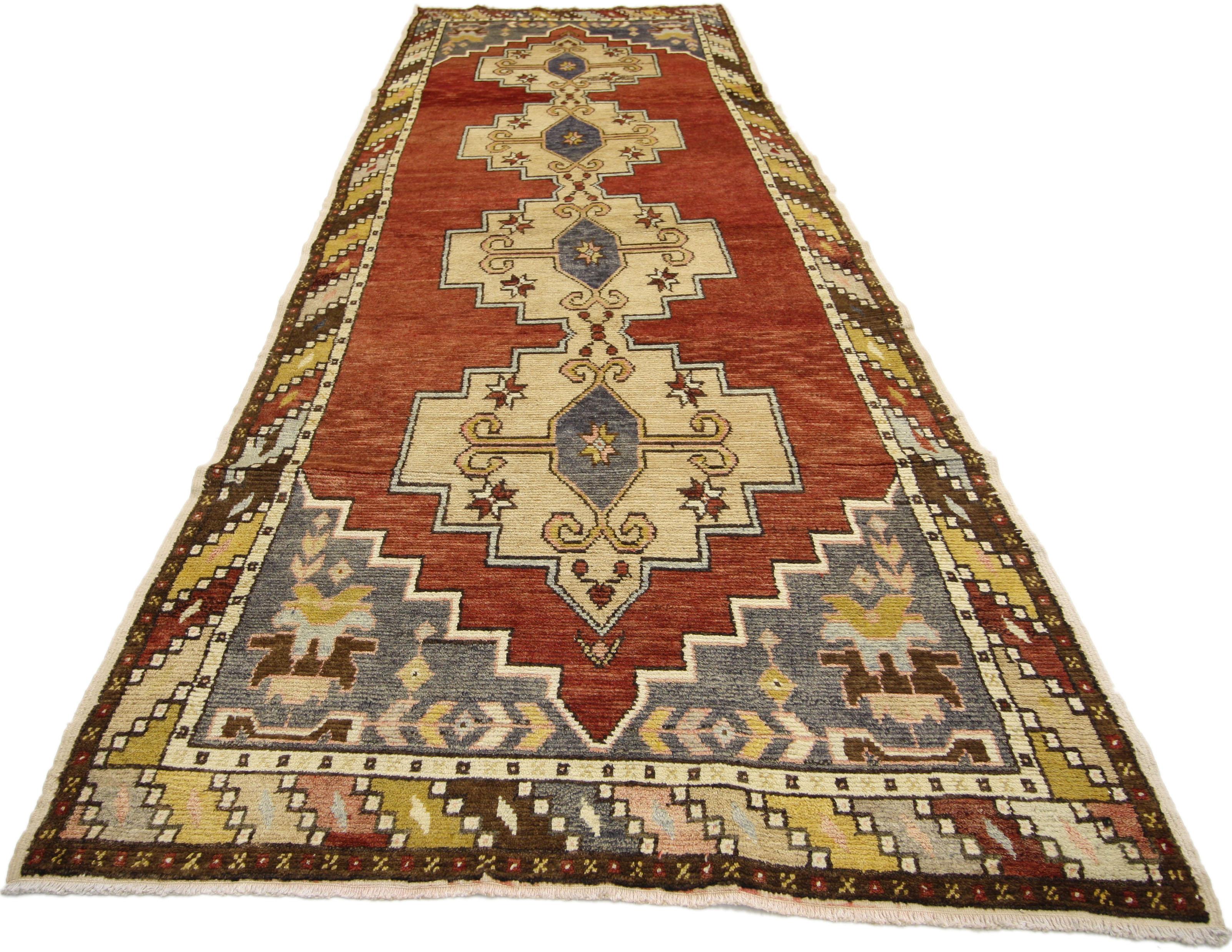 Vintage Turkish Oushak Runner with Mid-Century Modern Style In Good Condition For Sale In Dallas, TX