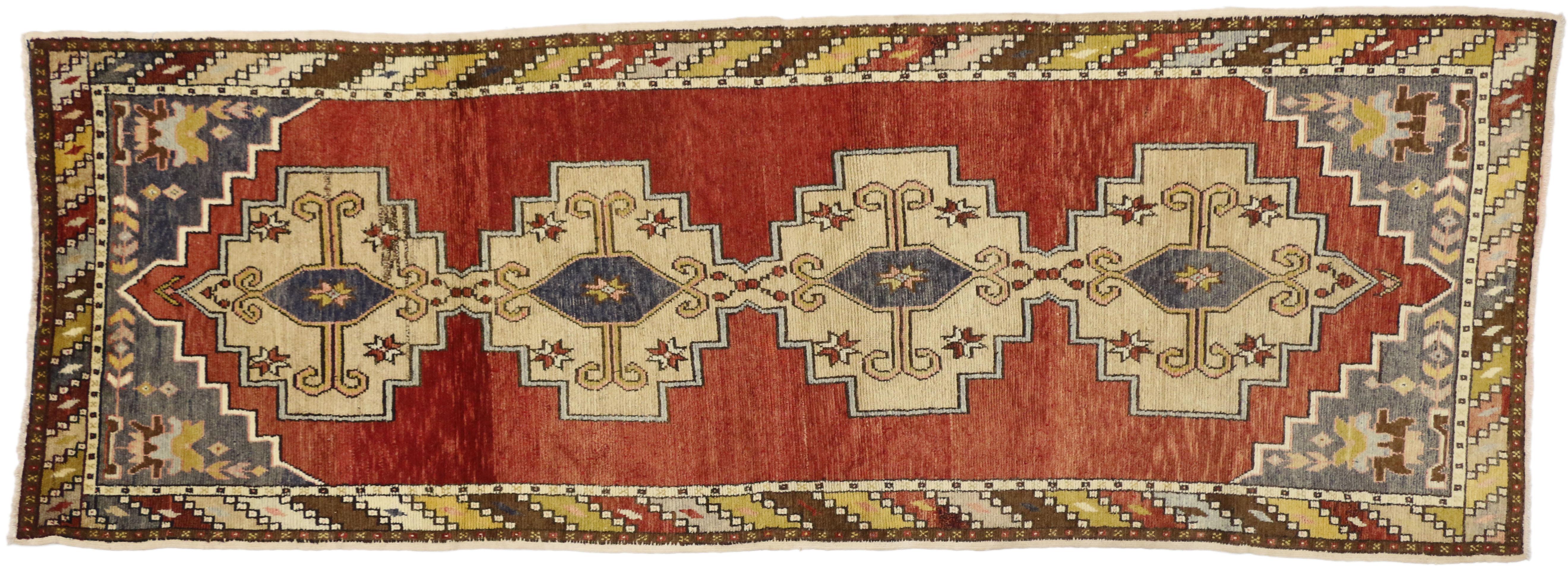 Wool Vintage Turkish Oushak Runner with Mid-Century Modern Style For Sale