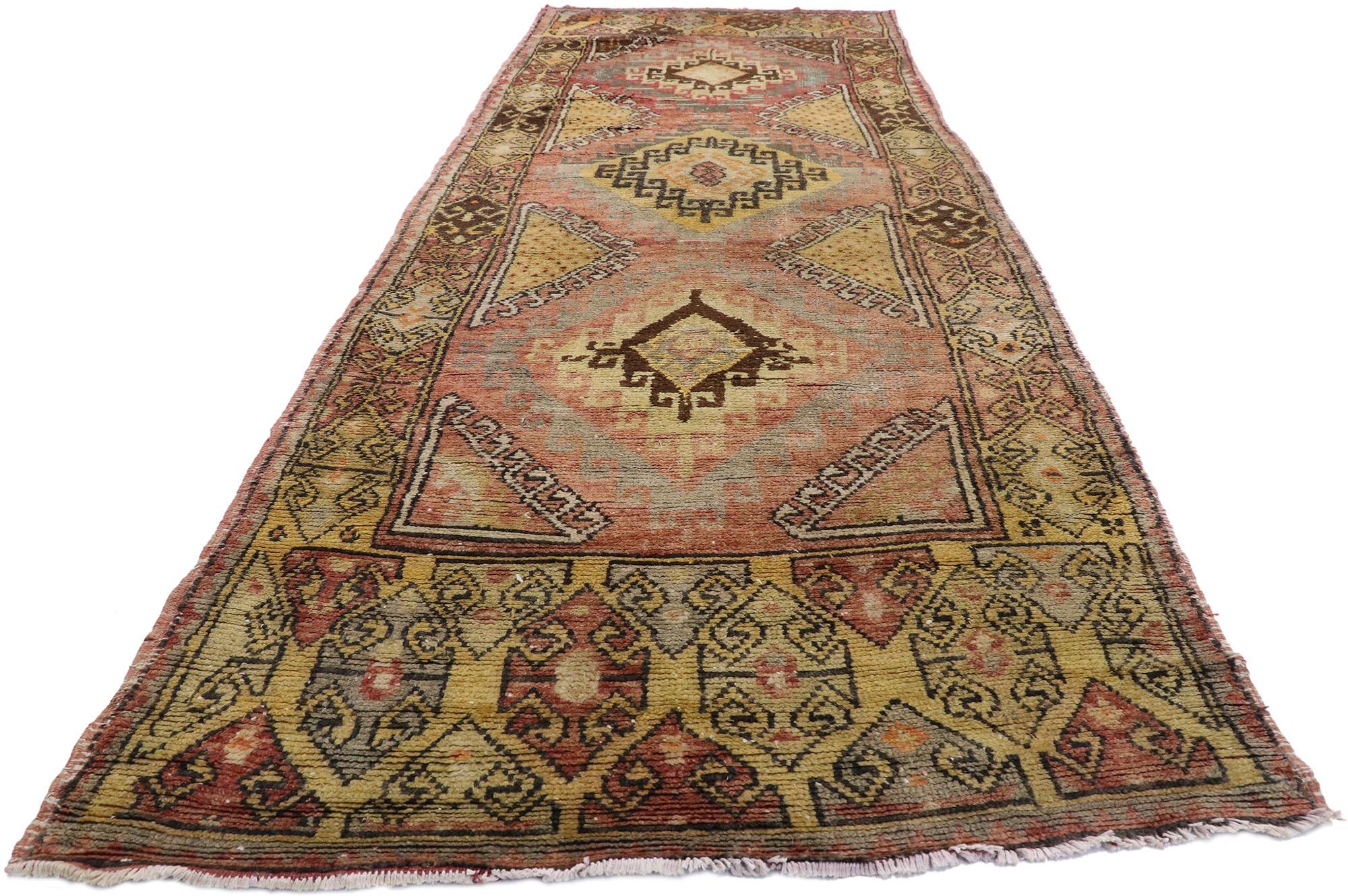 Hand-Knotted Vintage Turkish Oushak Runner with Mid-Century Modern Style, Hallway Runner For Sale