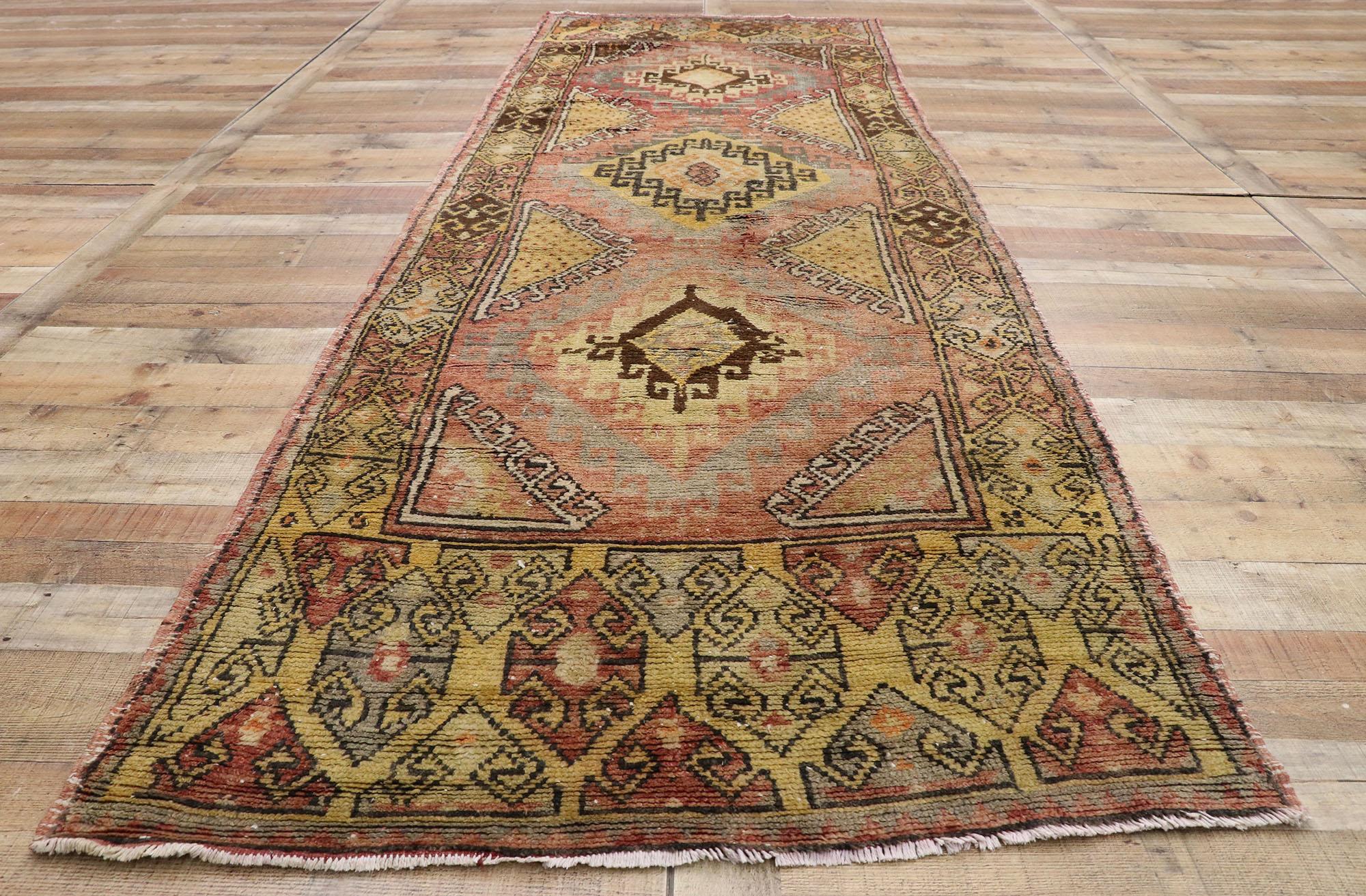 Vintage Turkish Oushak Runner with Mid-Century Modern Style, Hallway Runner For Sale 1