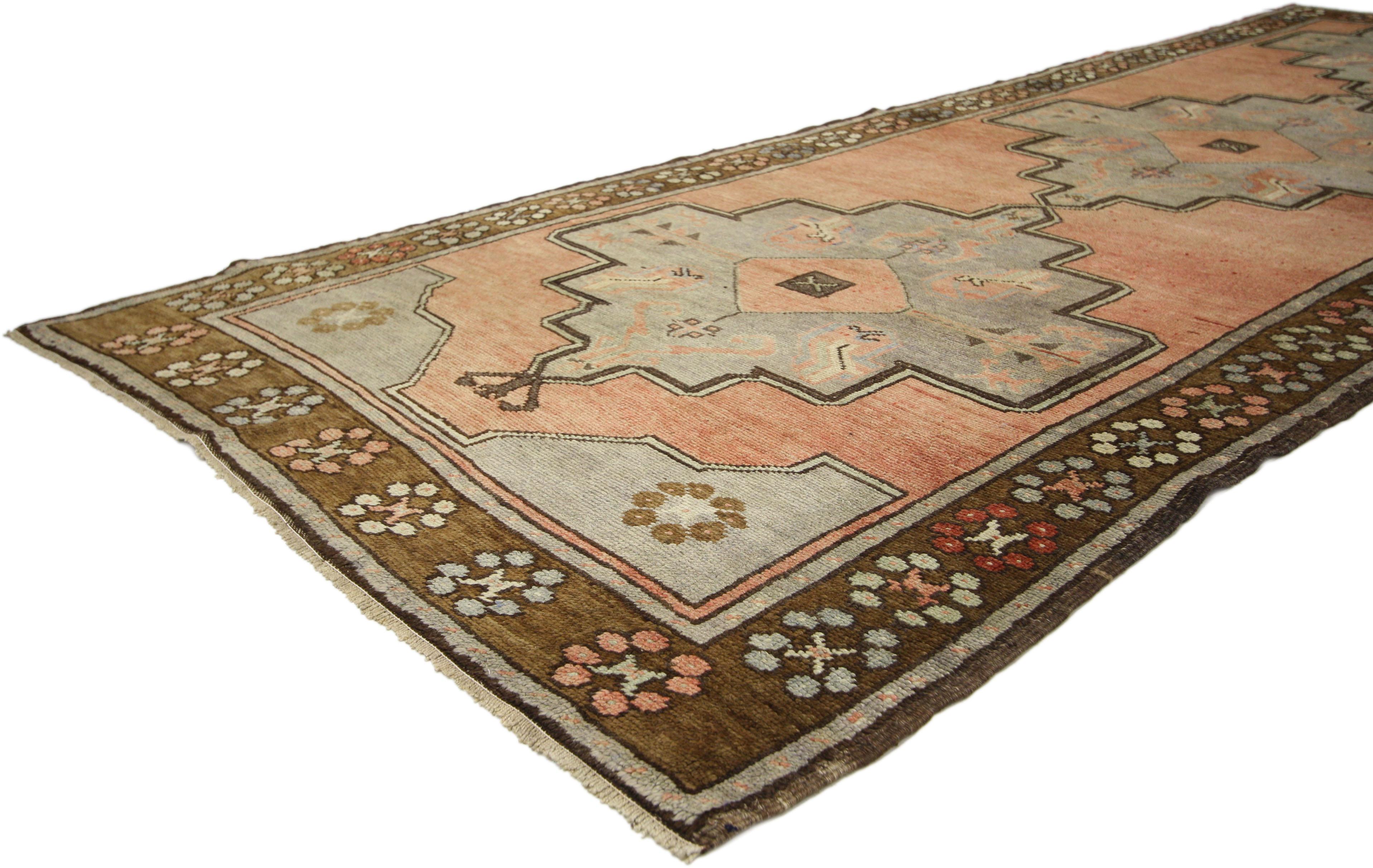 Hand-Knotted Vintage Turkish Oushak Hallway Runner with Amulet Design