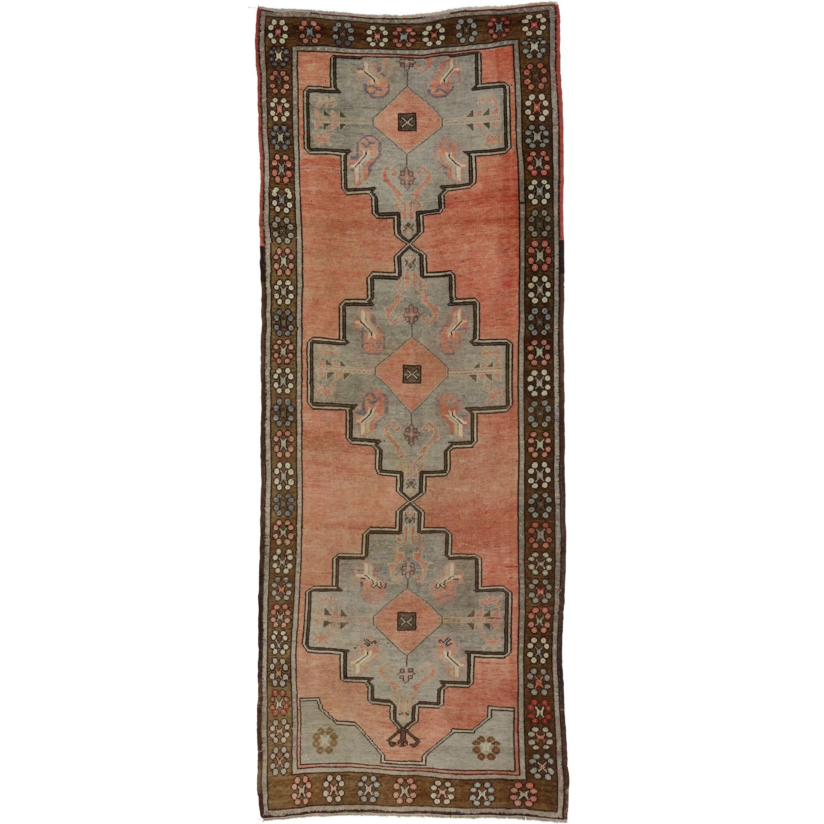 Vintage Turkish Oushak Hallway Runner with Amulet Design