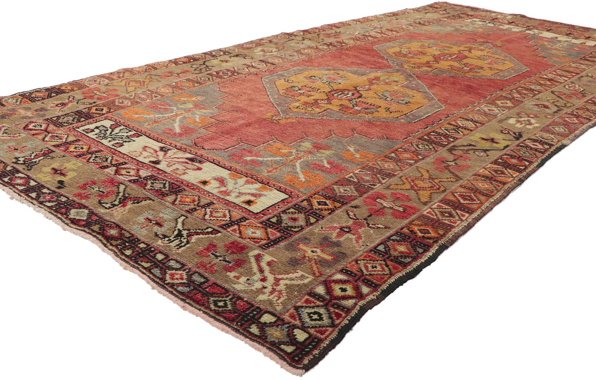 Hand-Knotted Vintage Turkish Oushak Rug Runner with Rustic Earth-Tone Colors For Sale