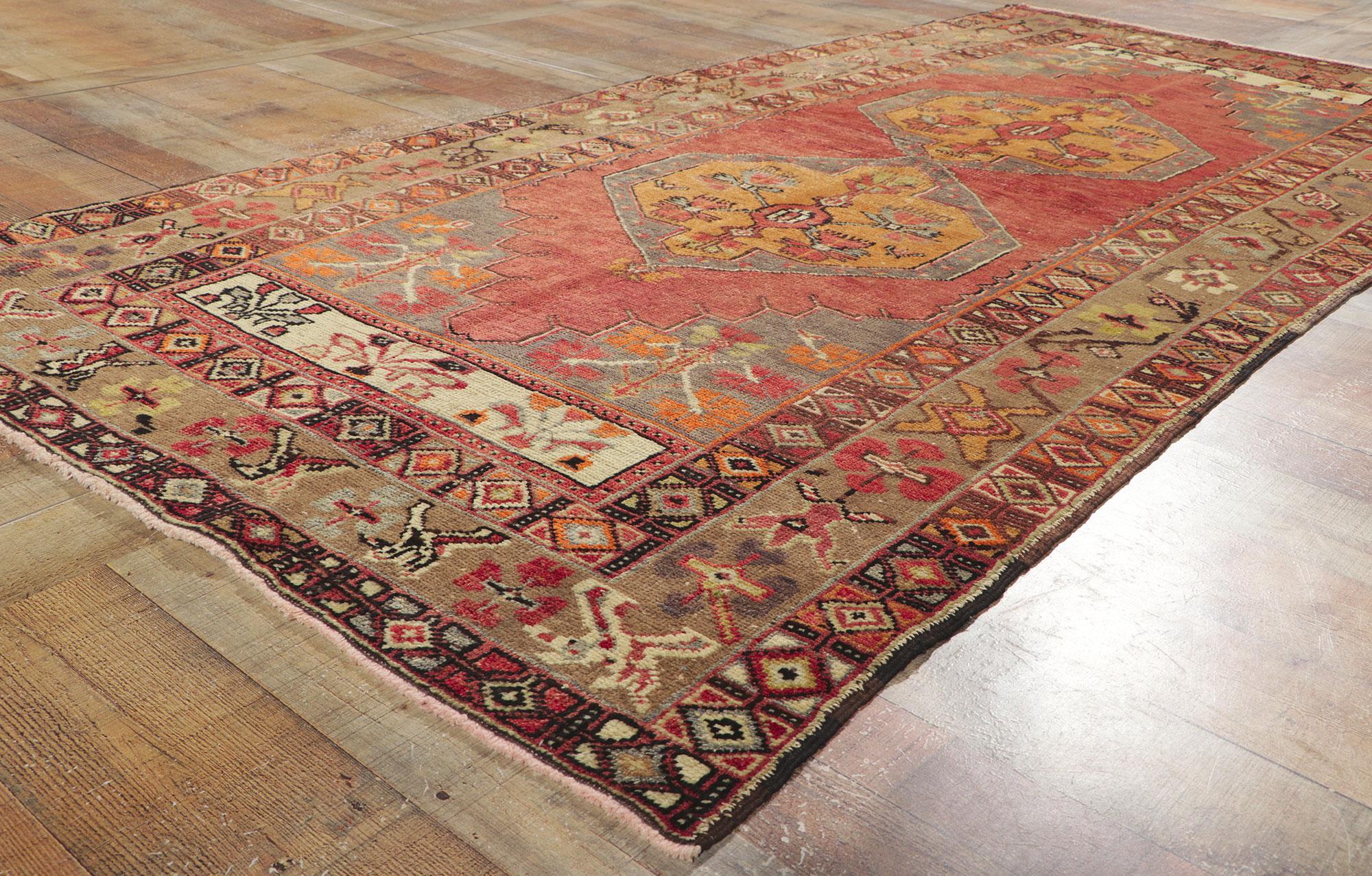 Vintage Turkish Oushak Rug Runner with Rustic Earth-Tone Colors In Good Condition For Sale In Dallas, TX