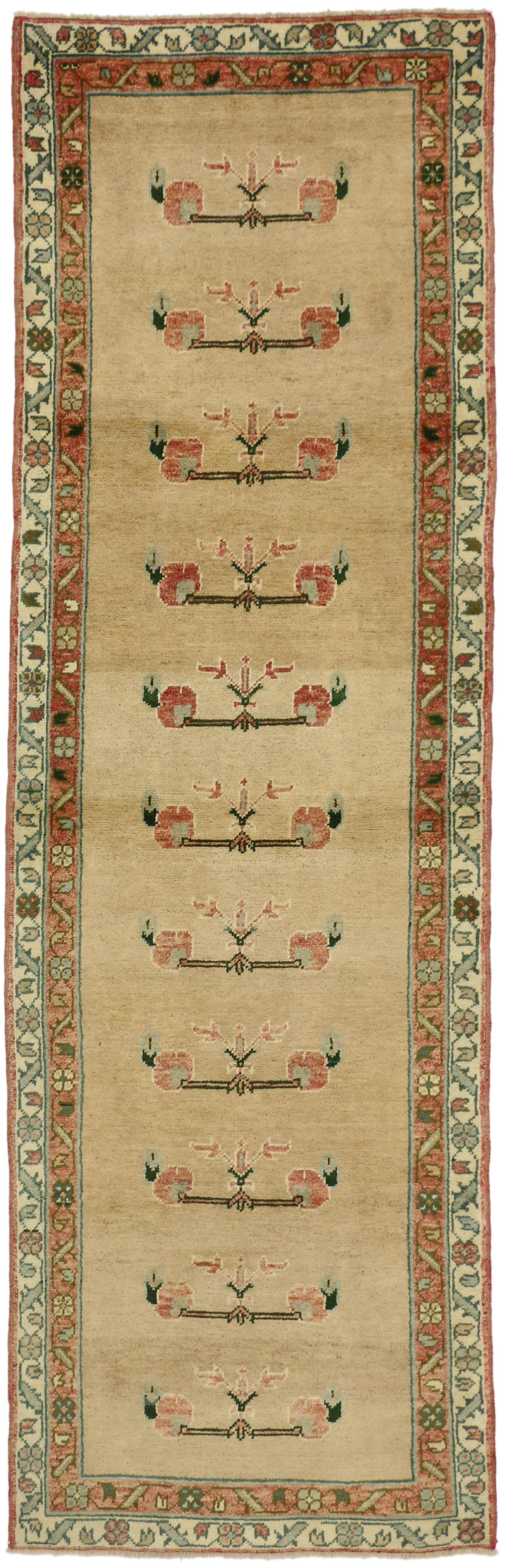 50189 Vintage Turkish Oushak Runner with English Cottage Style, Hallway Carpet Runner 03’00 x 09’07. Warm and inviting, this hand-knotted wool vintage Oushak runner beautifully embodies a traditional style. The abrashed tan field features a