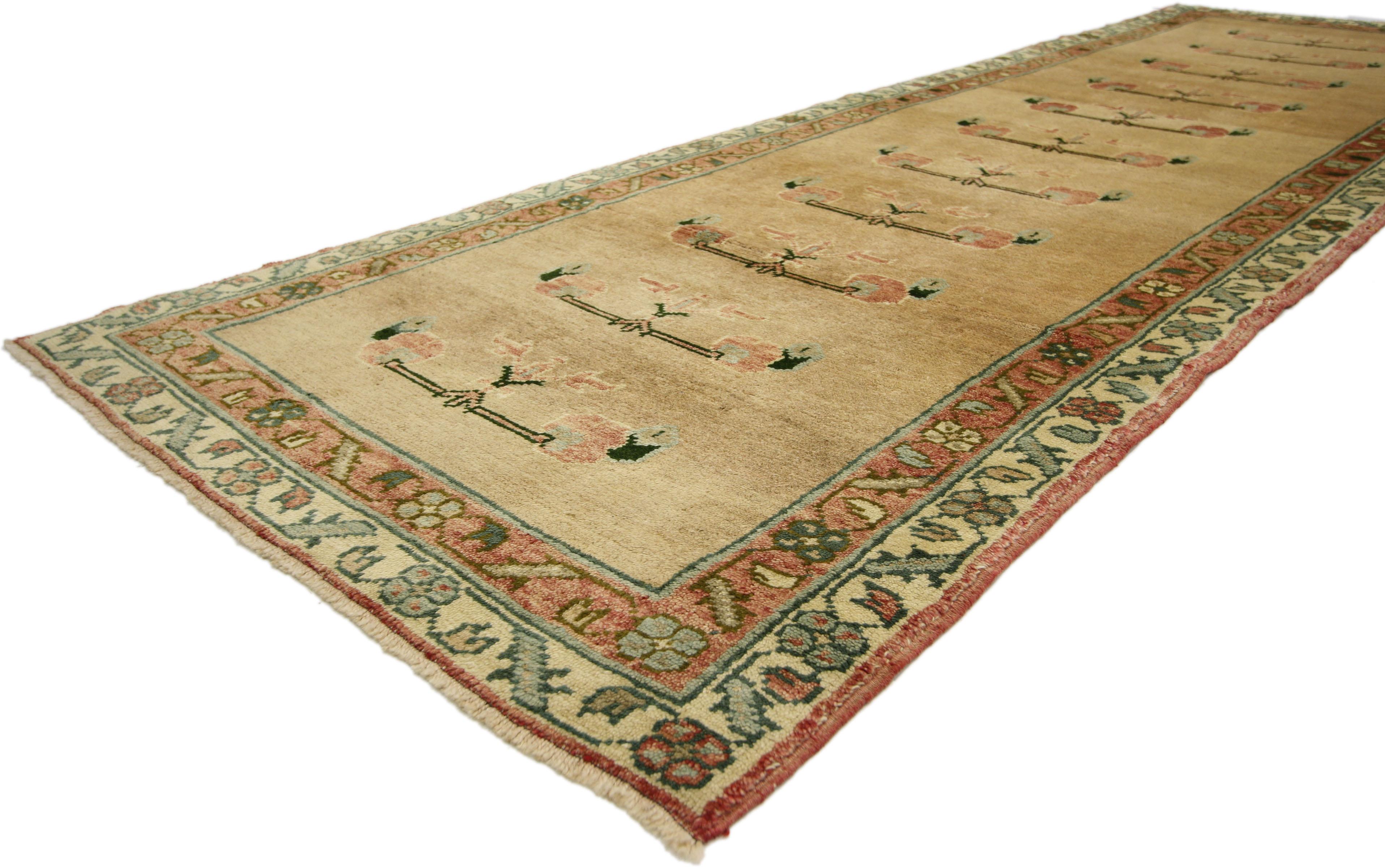 Hand-Knotted Vintage Turkish Oushak Runner with Traditional Style, Hallway Carpet Runner