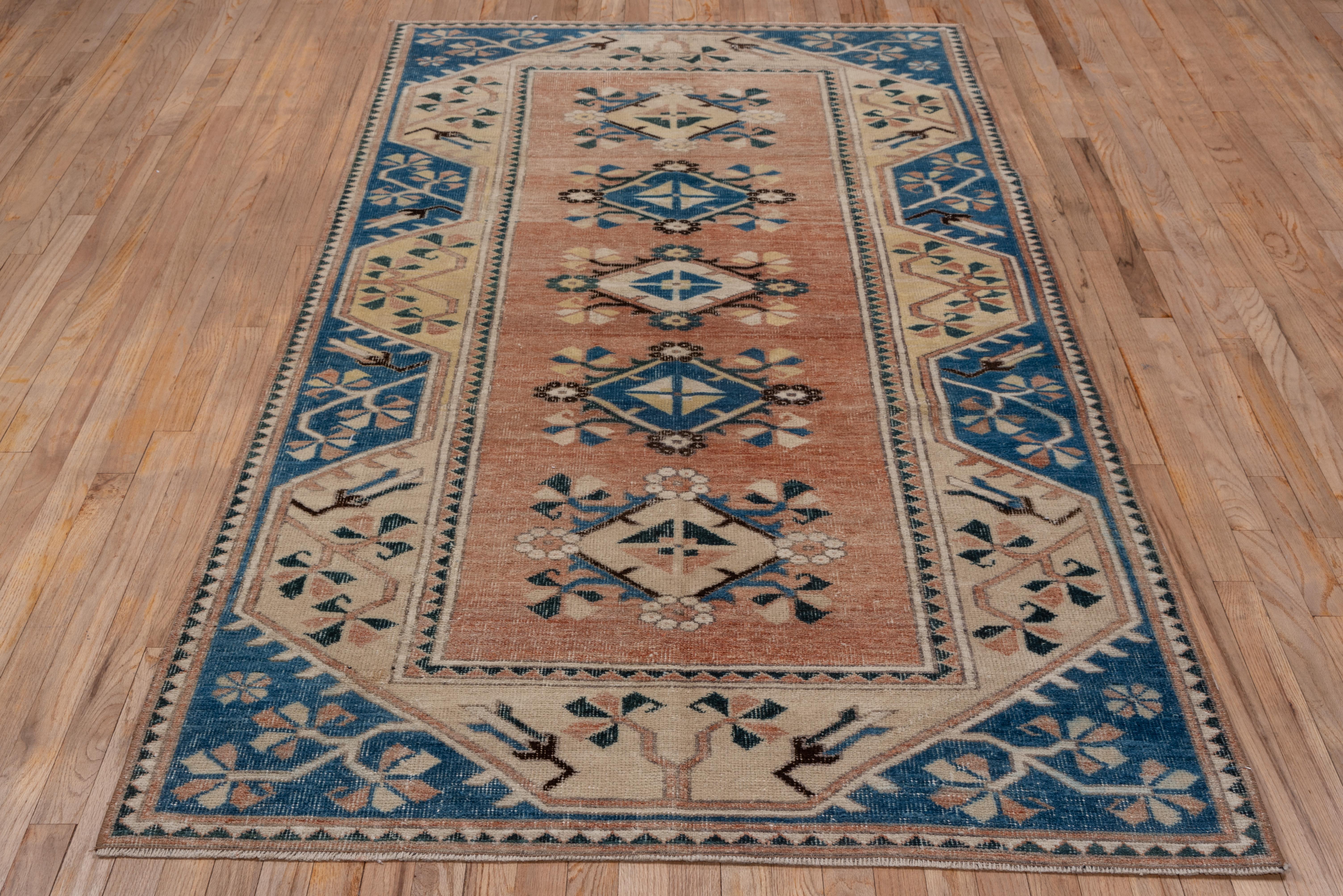 Mid-20th Century Vintage Turkish Oushak Rug, Salmon Field, Blue and Ivory Borders For Sale