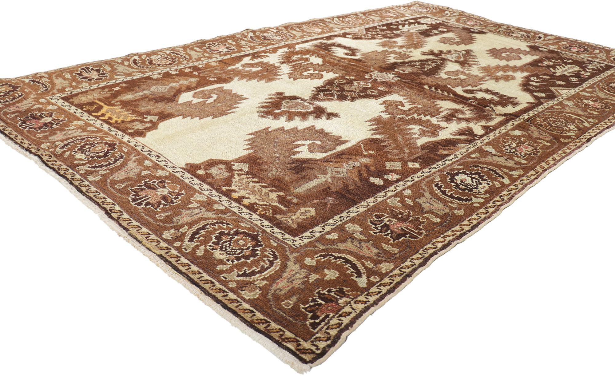 50335 Vintage Turkish Oushak Rug, 04'05 x 07'03. Immerse your space in the timeless allure of Mid-Century Modern aesthetics with this hand-knotted wool vintage Turkish Oushak rug. Radiating warmth and inviting charm, this vintage Oushak rug