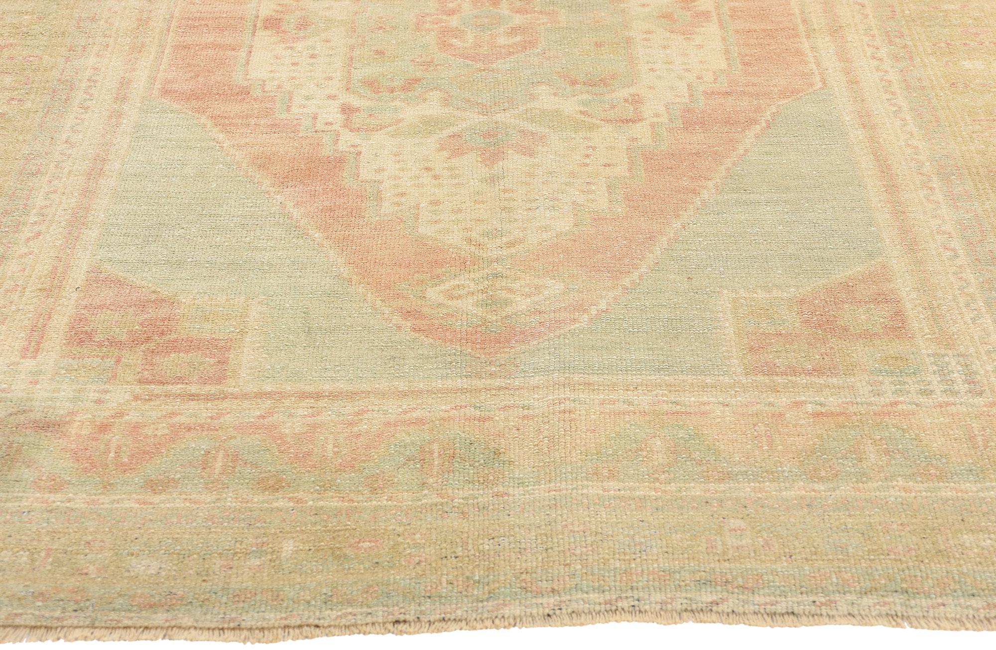 53701 Vintage Turkish Oushak Rug, 04'02 x 07'02. Gaze upon this hand knotted wool vintage Turkish Oushak rug, imbued with the enchantments of a bygone era, yet crafted with finesse that echoes the modern spirit whilst breathing life into